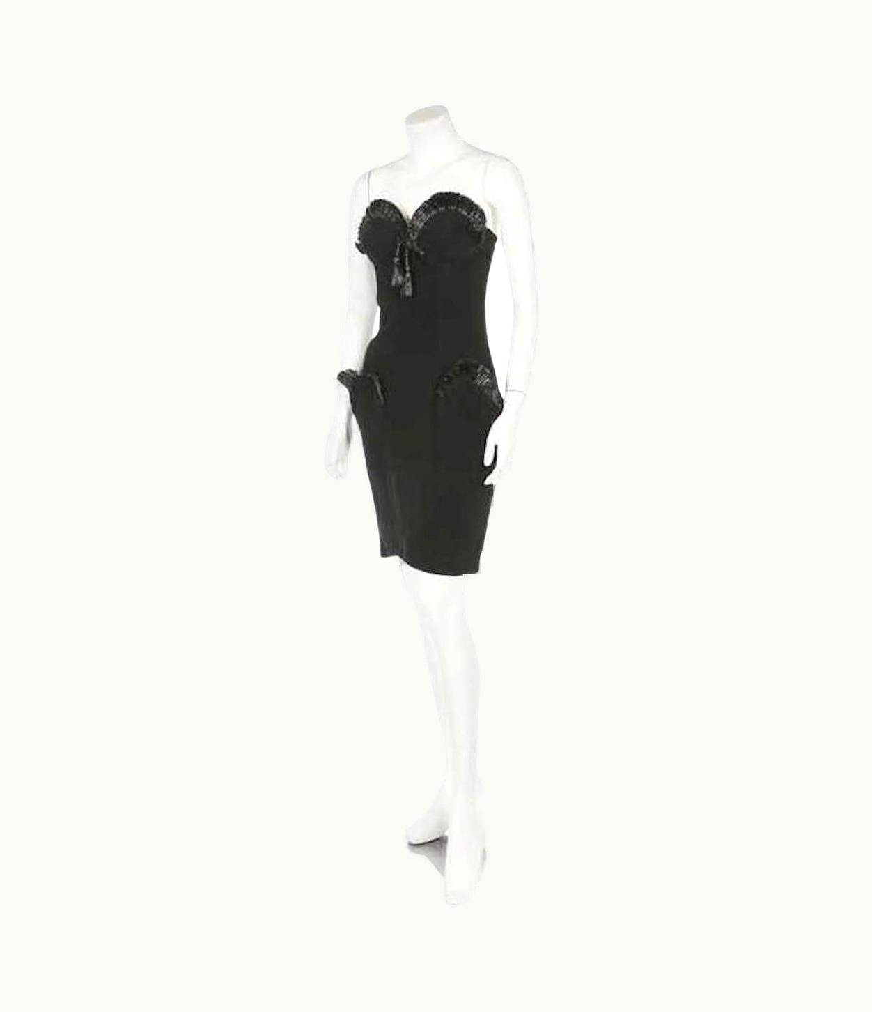 Mugler S/S 1995 Thierry Mugler Black Raffia Strapless Cocktail Dress