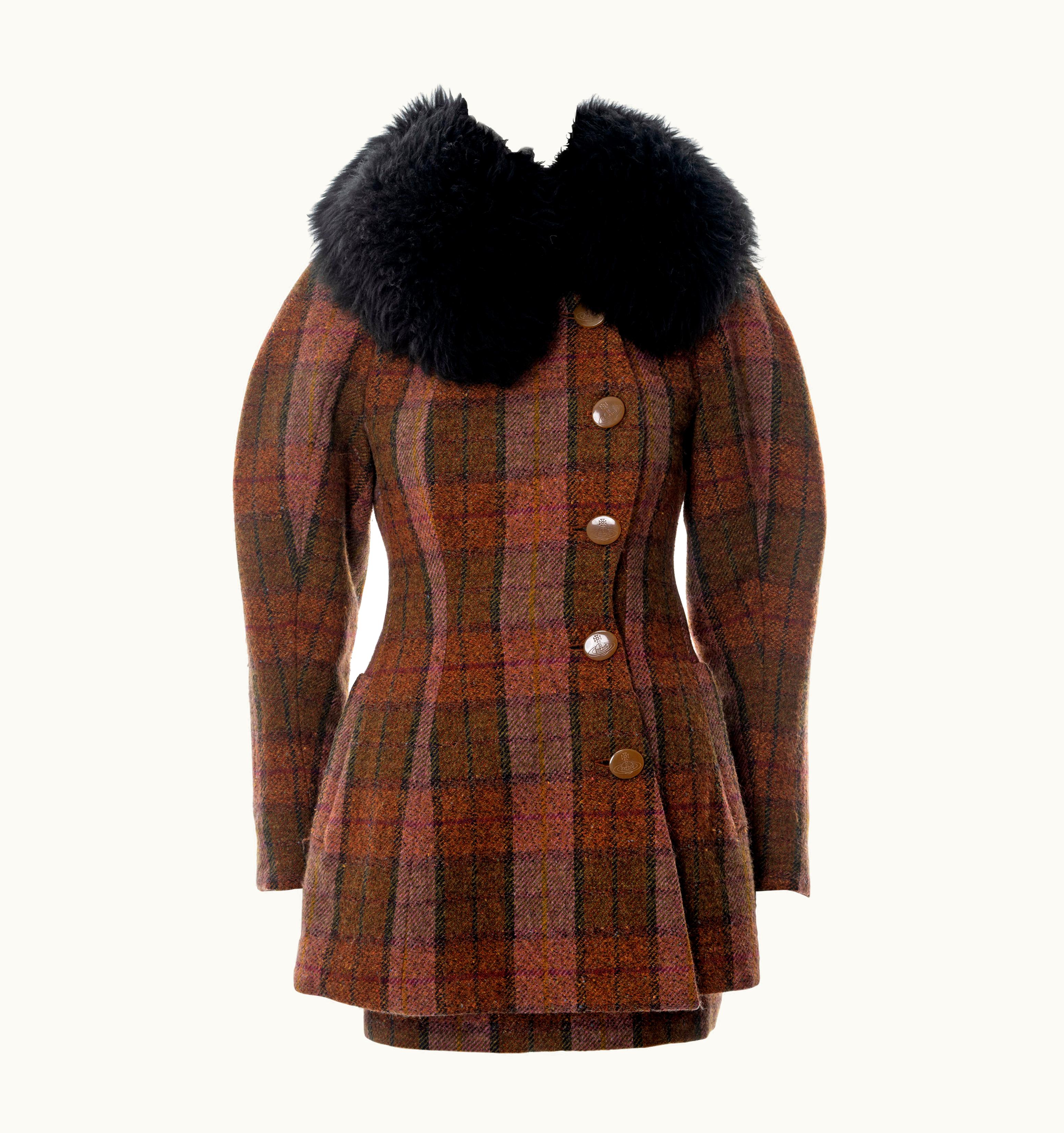 Vivienne Westwood Vivienne Westwood Brown Tartan Tweed Skirt Suit With Sheepskin Collar, AW 1995