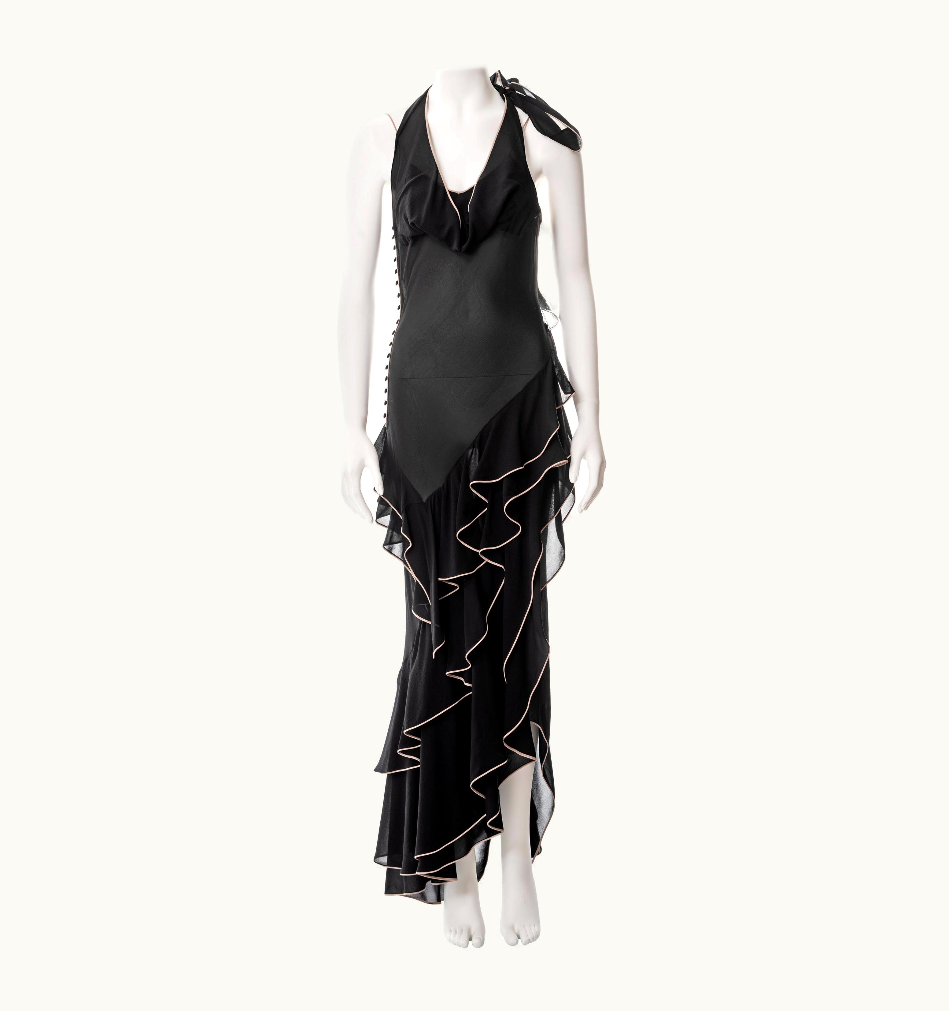 John Galliano John Galliano Black Silk Chiffon Bias Cut Ruffled Evening Dress, S/S 1995