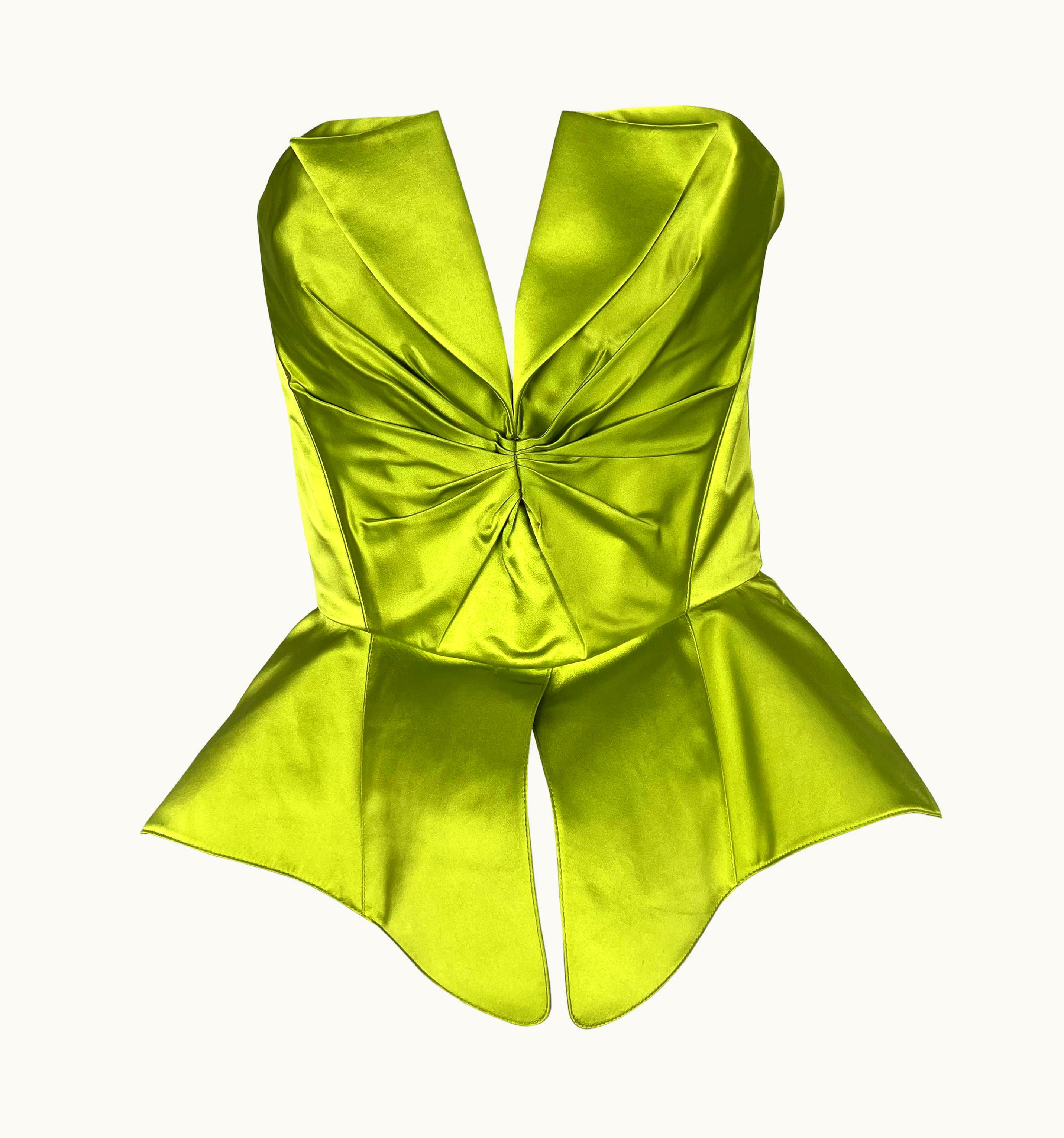 Mugler 1995 Thierry Mugler Chartreuse Green Satin Sculptural Lace-Up Bustier Crop Top
