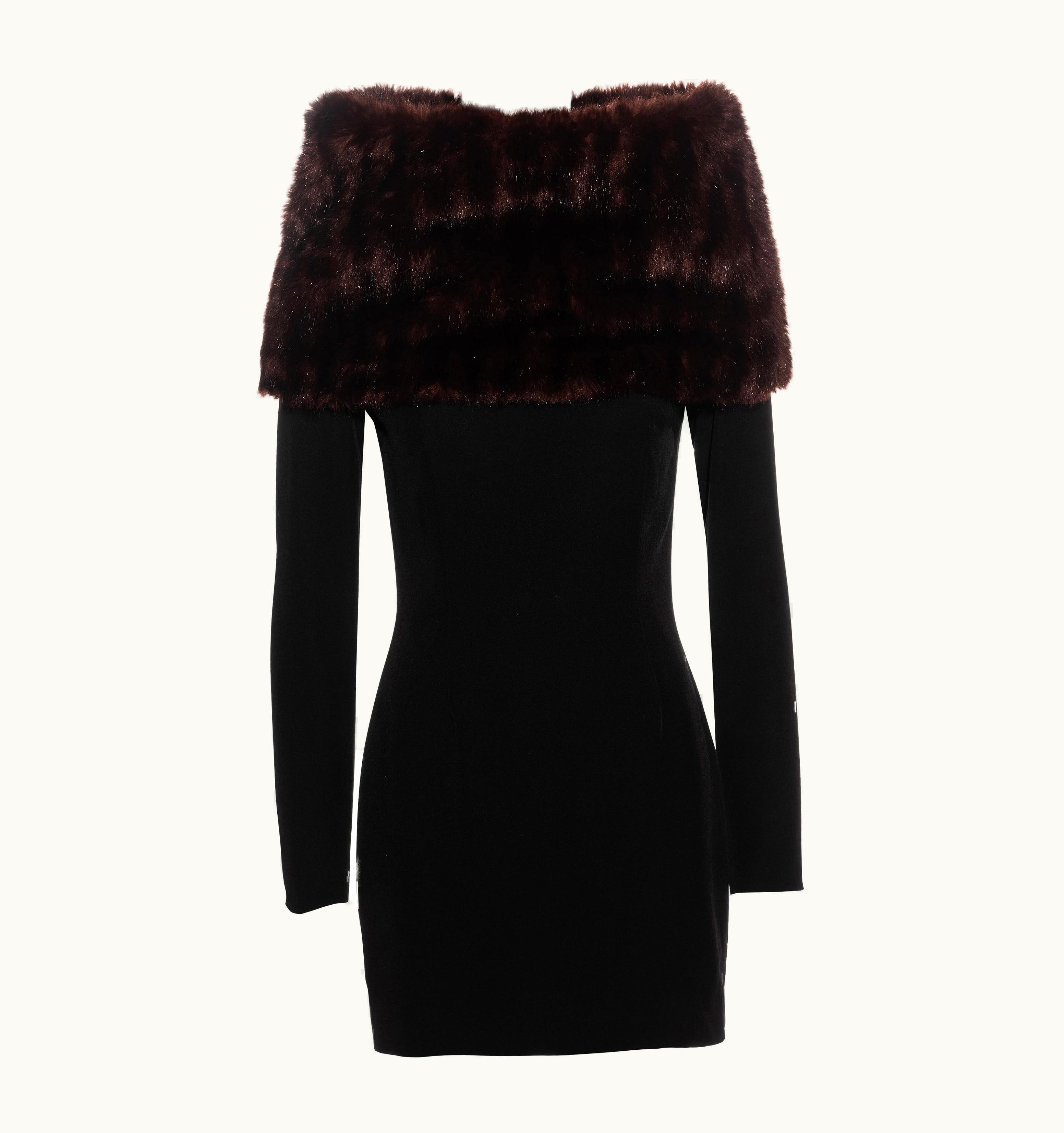Dolce & Gabbana Dolce & Gabbana Black Wool Mini Dress With Faux Fur Funnel Neck, AW 1995