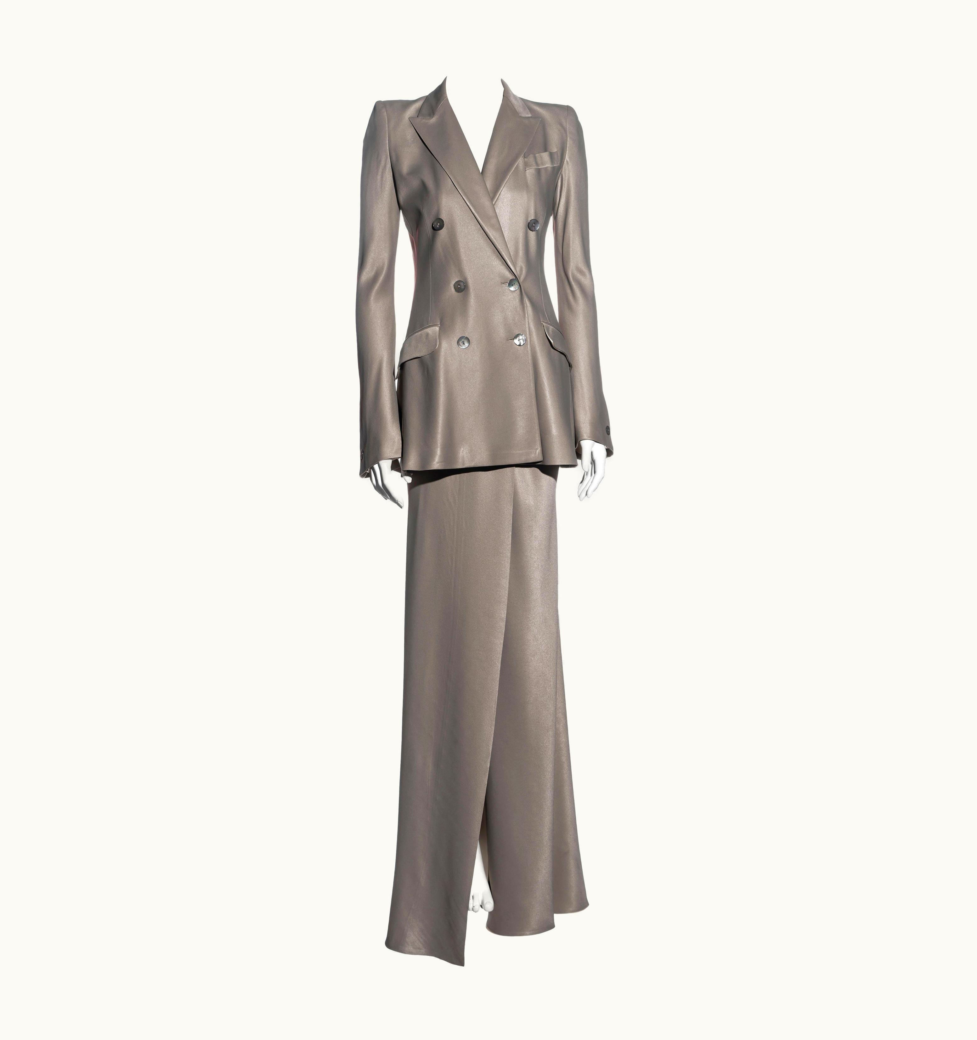 John Galliano John Galliano Taupe Satin Blazer Jacket And Wrap Skirt Showpiece Suit, S/S 1995