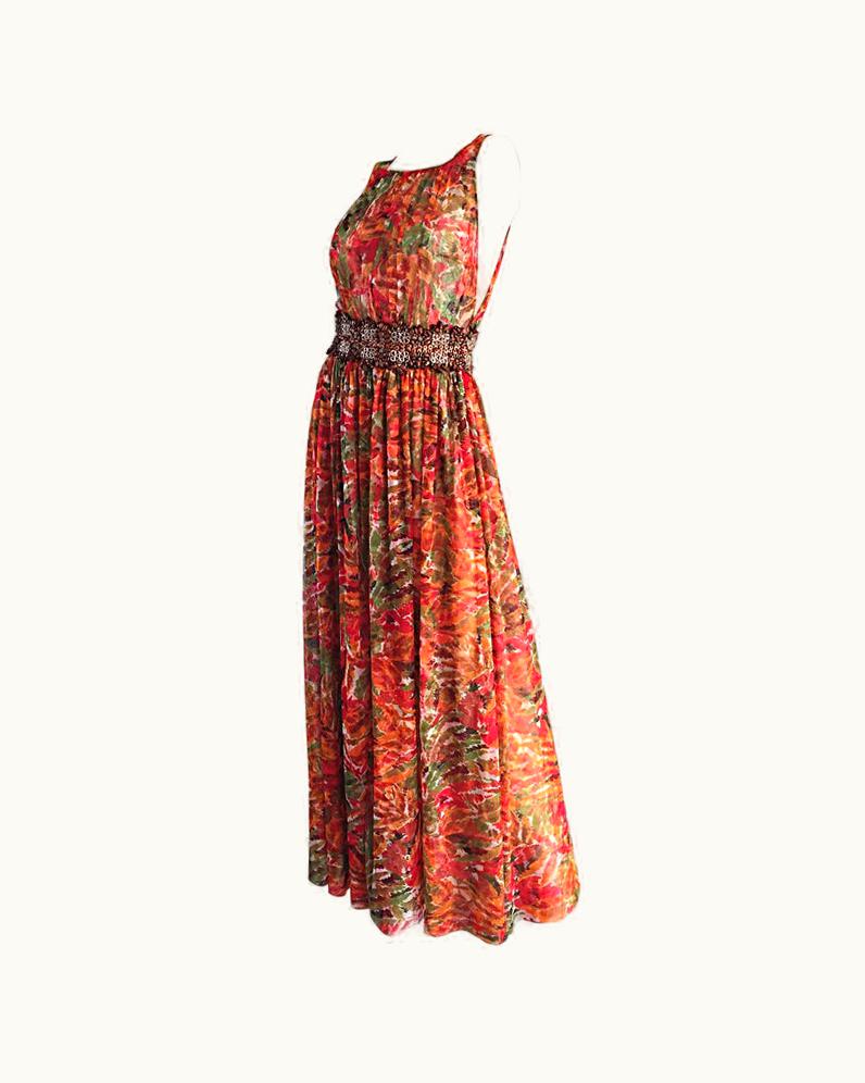 Oscar De La Renta 1990s Oscar De La Renta $5, 800 S/S 8 Watercolor Boho Gown Dress Wooden Bead