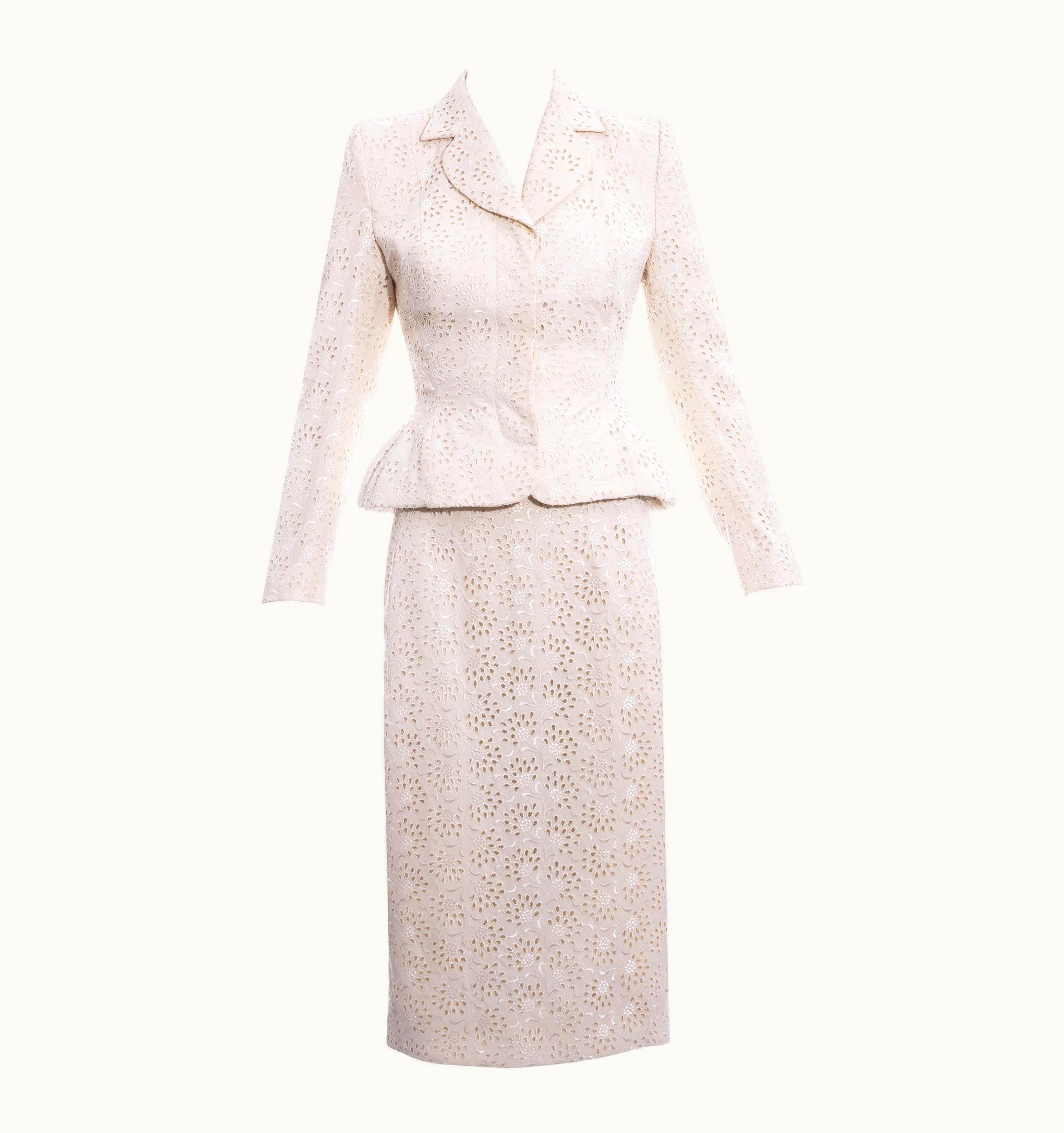 John Galliano John Galliano White Broderie Anglaise Cotton Skirt Suit, S/S 1996