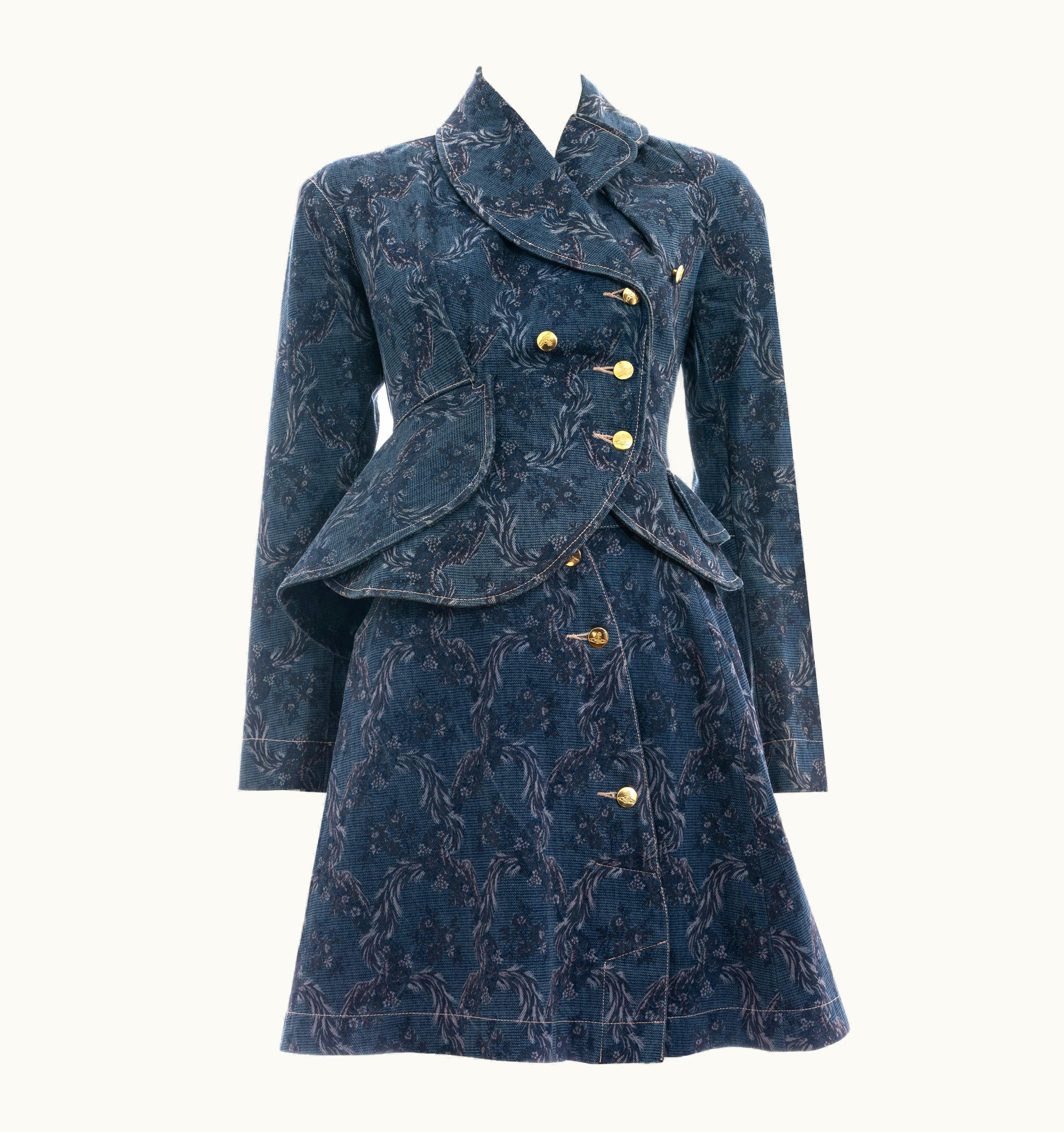 Vivienne Westwood Vivienne Westwood Blue Denim Jacquard Peplum Jacket Skirt Suit, AW 1996