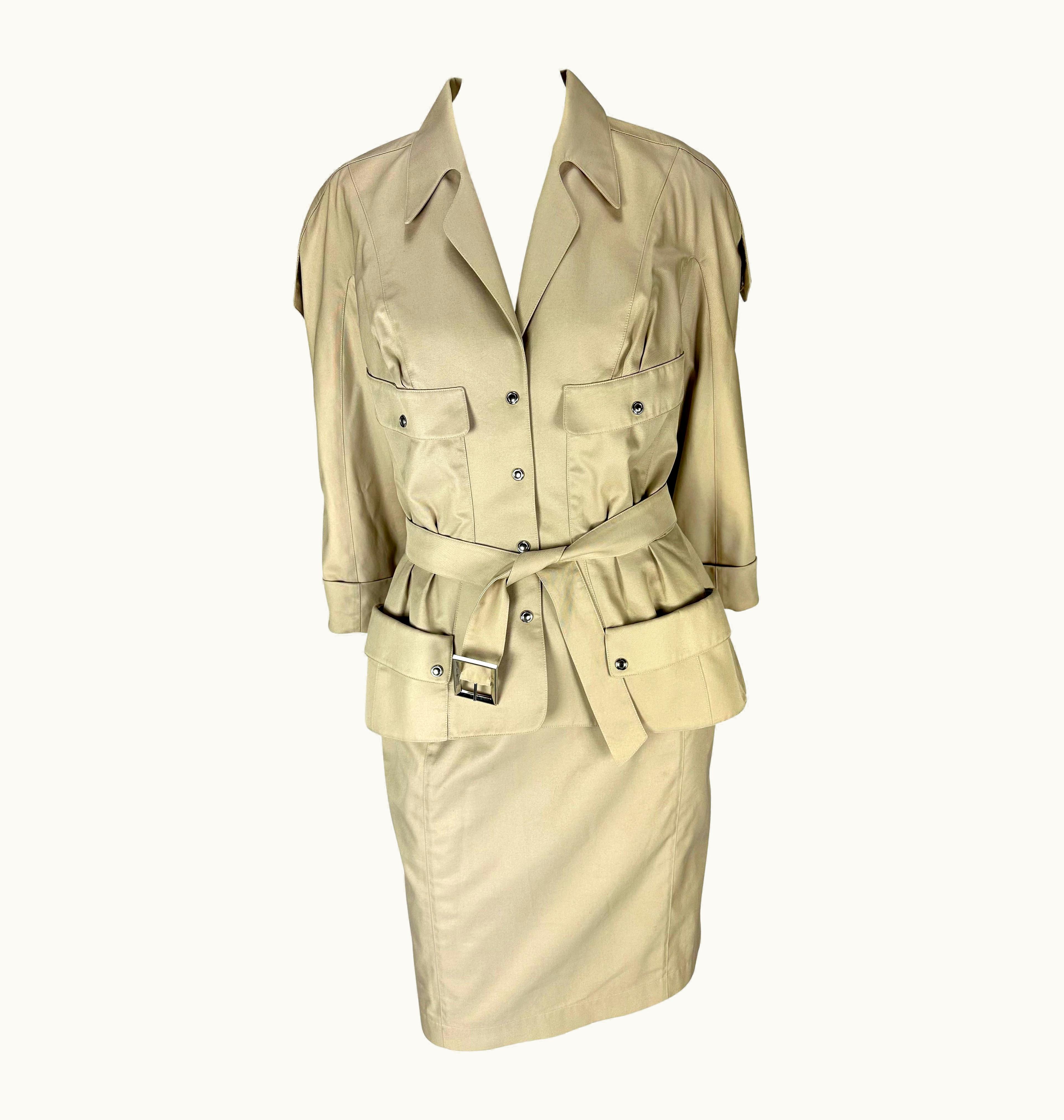 Mugler S/S 1996 Thierry Mugler Runway Khaki Cinched Belted Skirt Suit