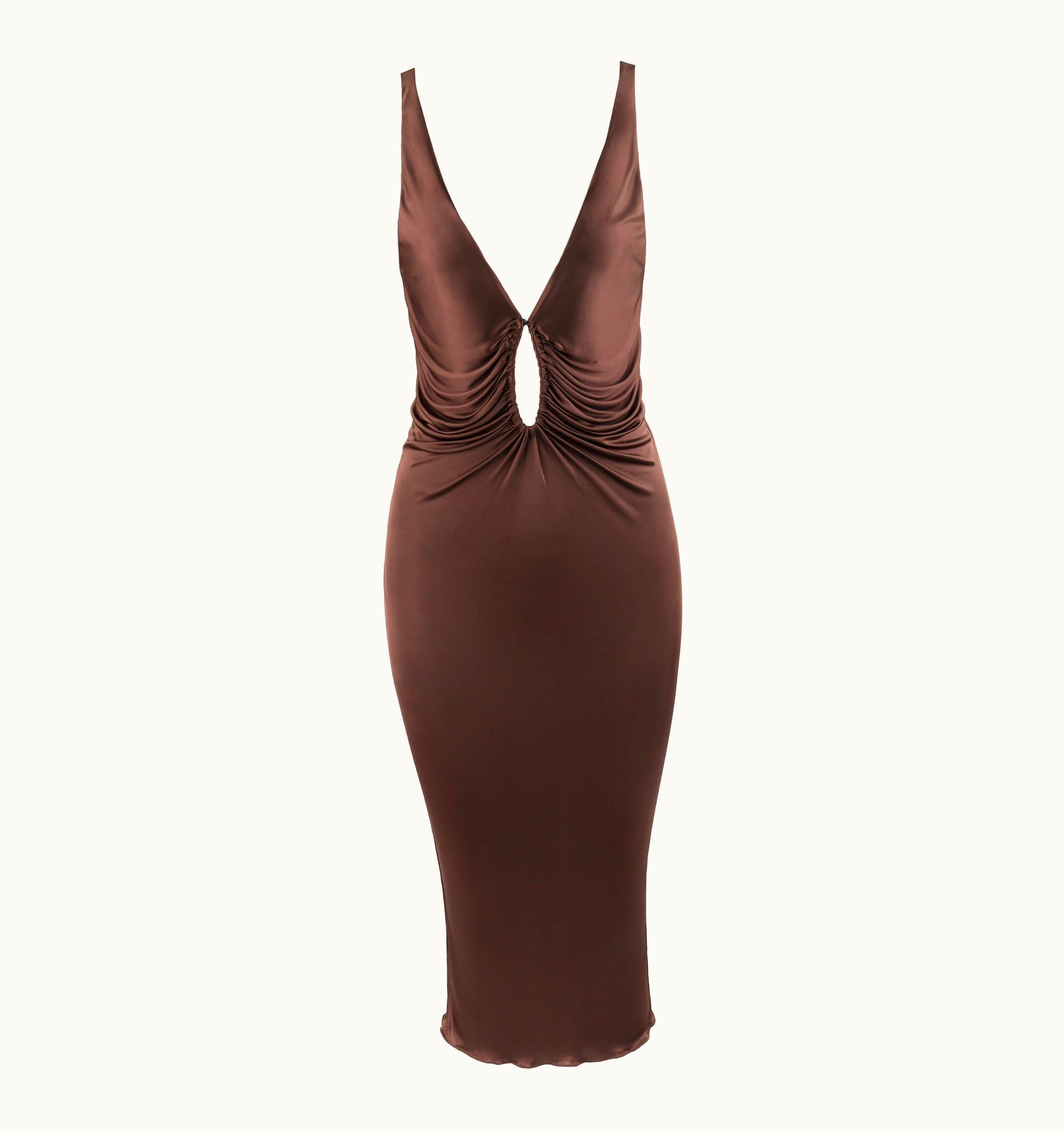 Alexander McQueen Alexander McQUEEN S/S 1996 Brown Plunging Keyhole Neck Bodycon Midi Dress