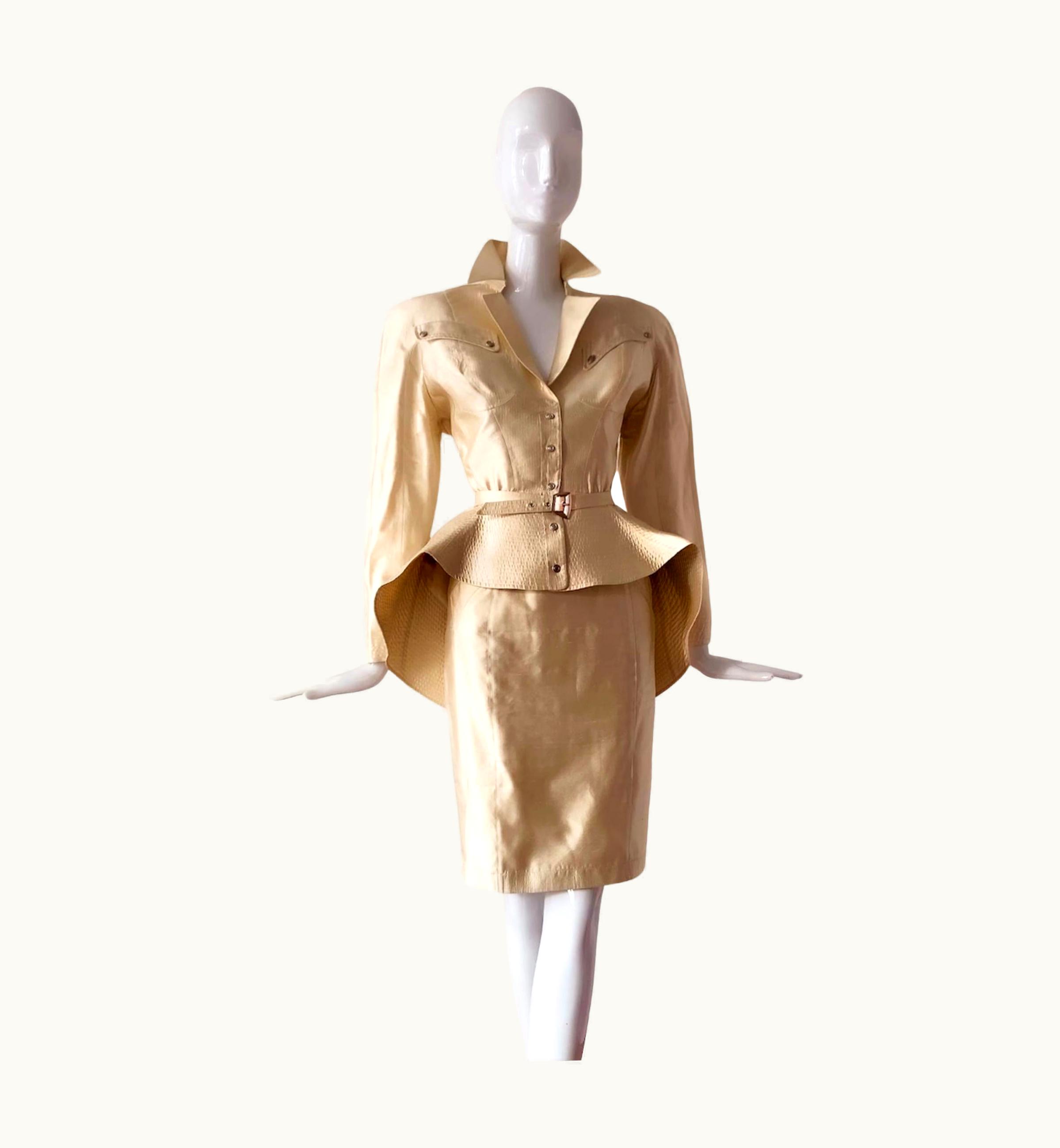 Mugler Iconic Thierry Mugler Ensemble S/S 1996 Dramatic Sculptural Pure Silk Gold Suit