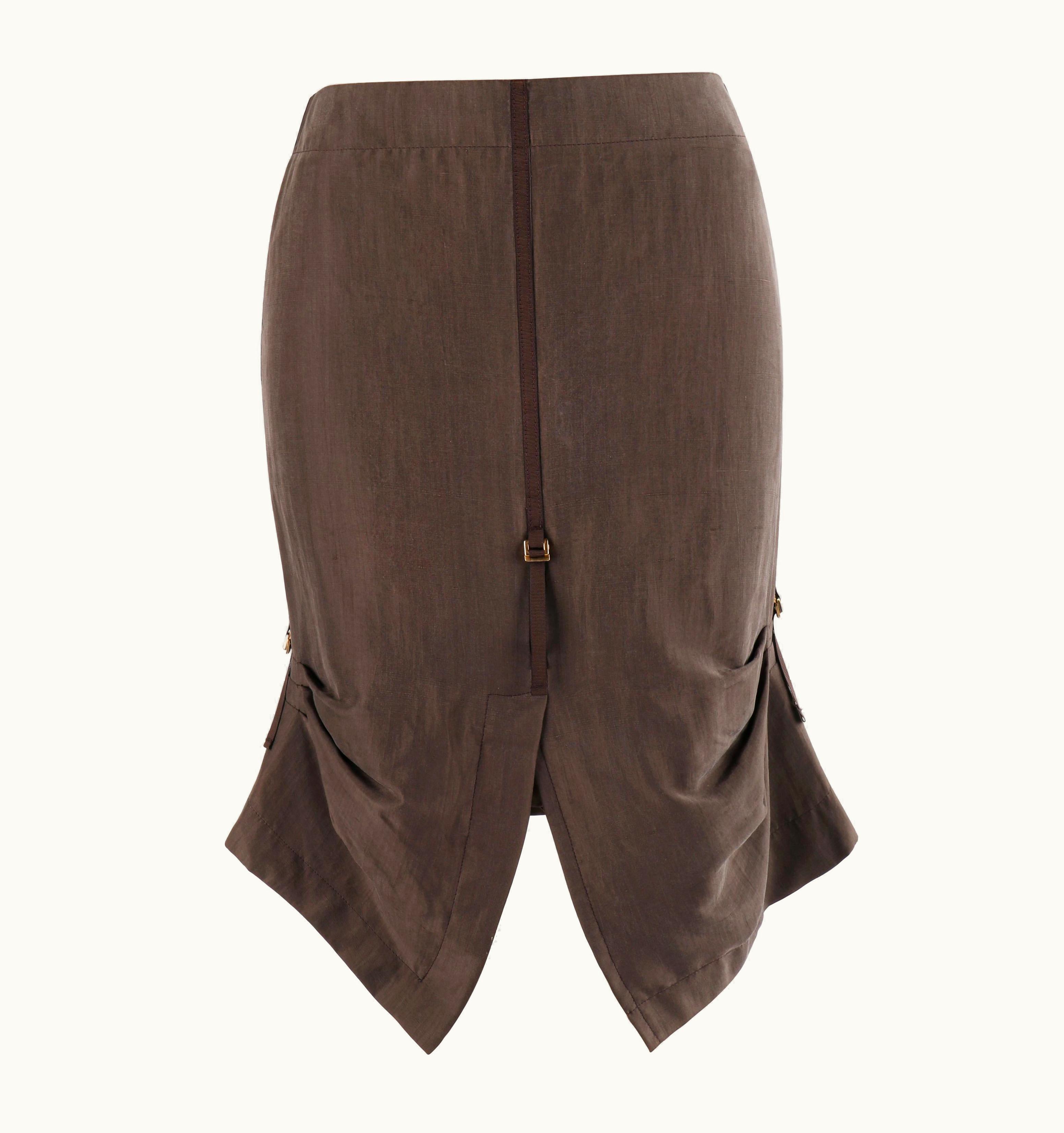 Alexander McQueen Alexander McQUEEN S/S 1996 Brown Silk Horizontal Pleated Adjustable Pencil Skirt