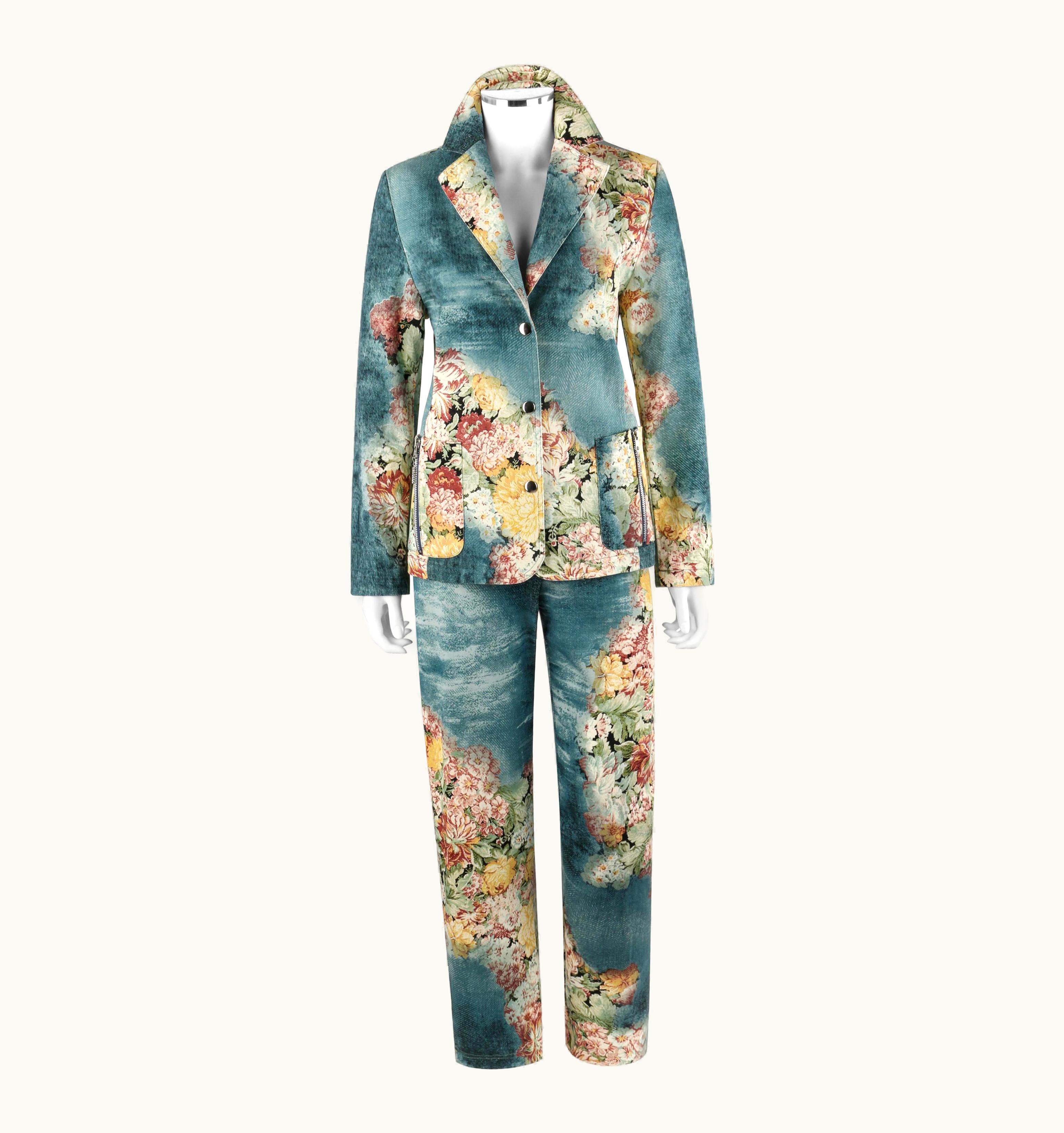 Alexander McQueen Alexander McQUEEN AW 1996 2pc Floral & Denim Print Blazer Pant Suit Set