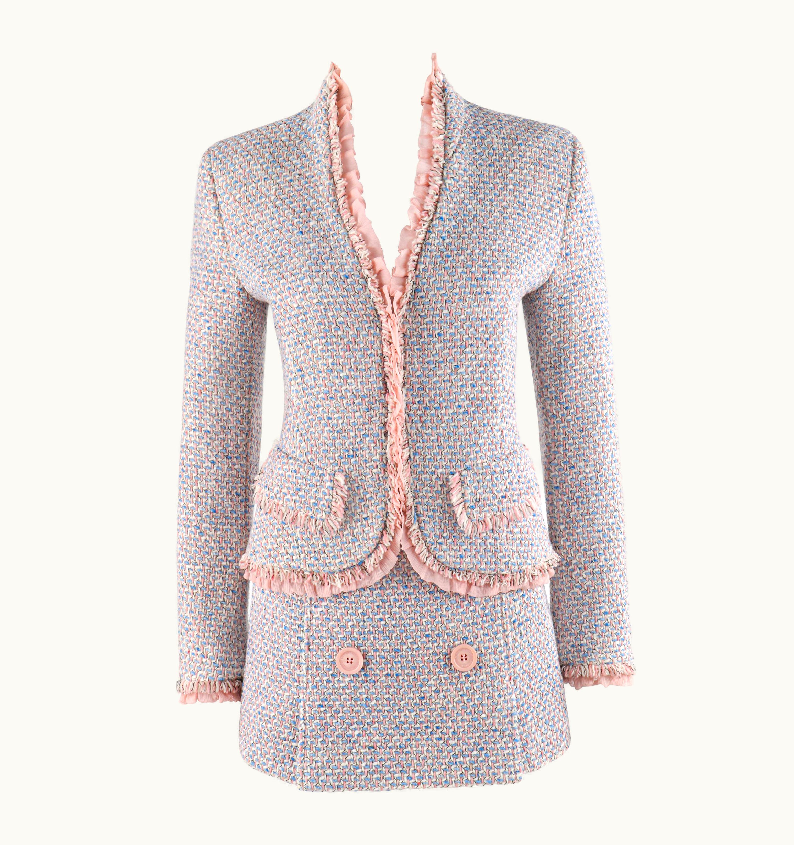 Alexander McQueen Alexander McQUEEN C.1996 Pink Blue Boucle Tweed Blazer Jacket Mini Skirt Set Nwt
