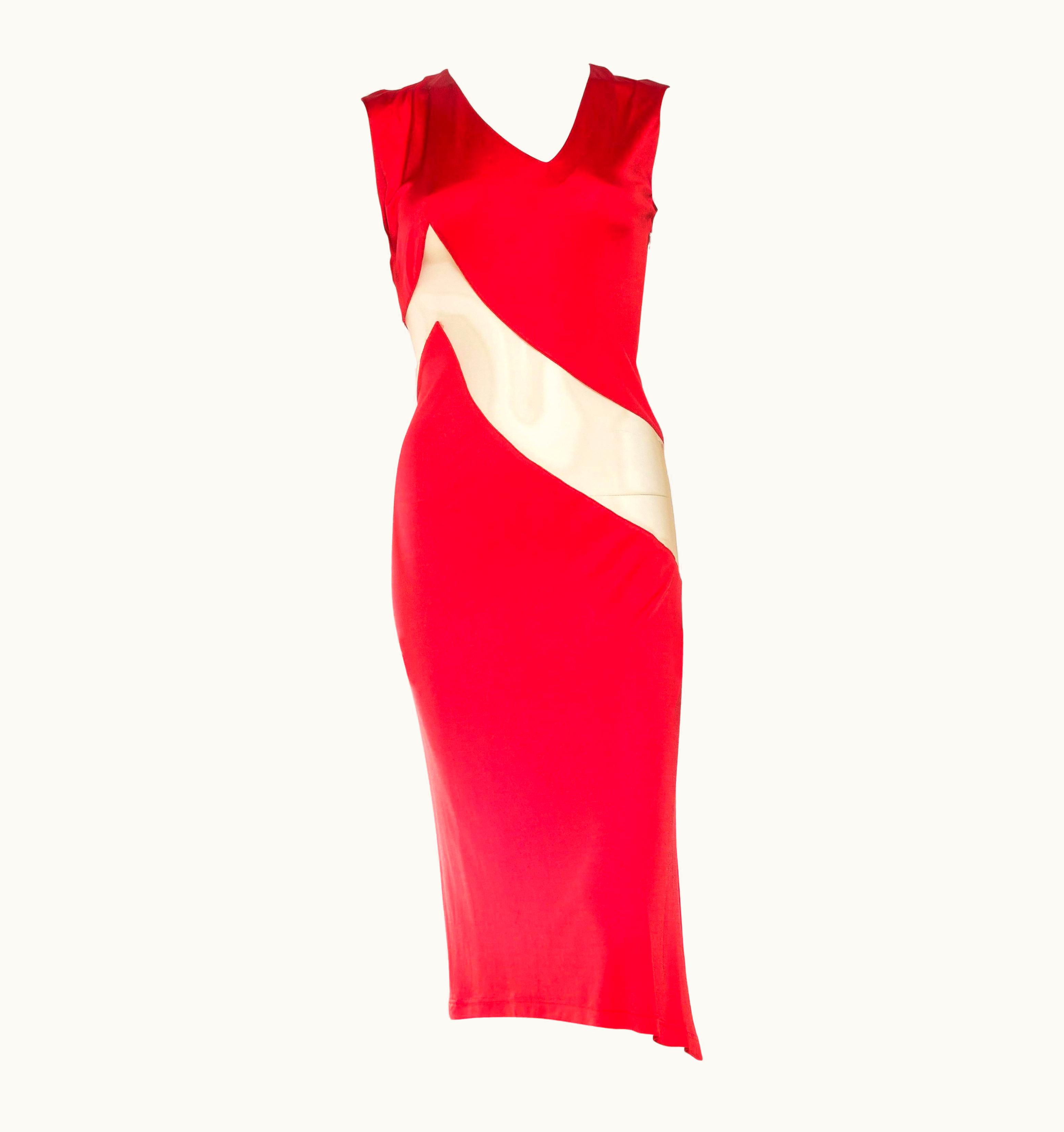 Alexander McQueen 1990s Alexander Mcqueen Blood Red Acetate Jersey Nude Illusion Paneled Dress Fr