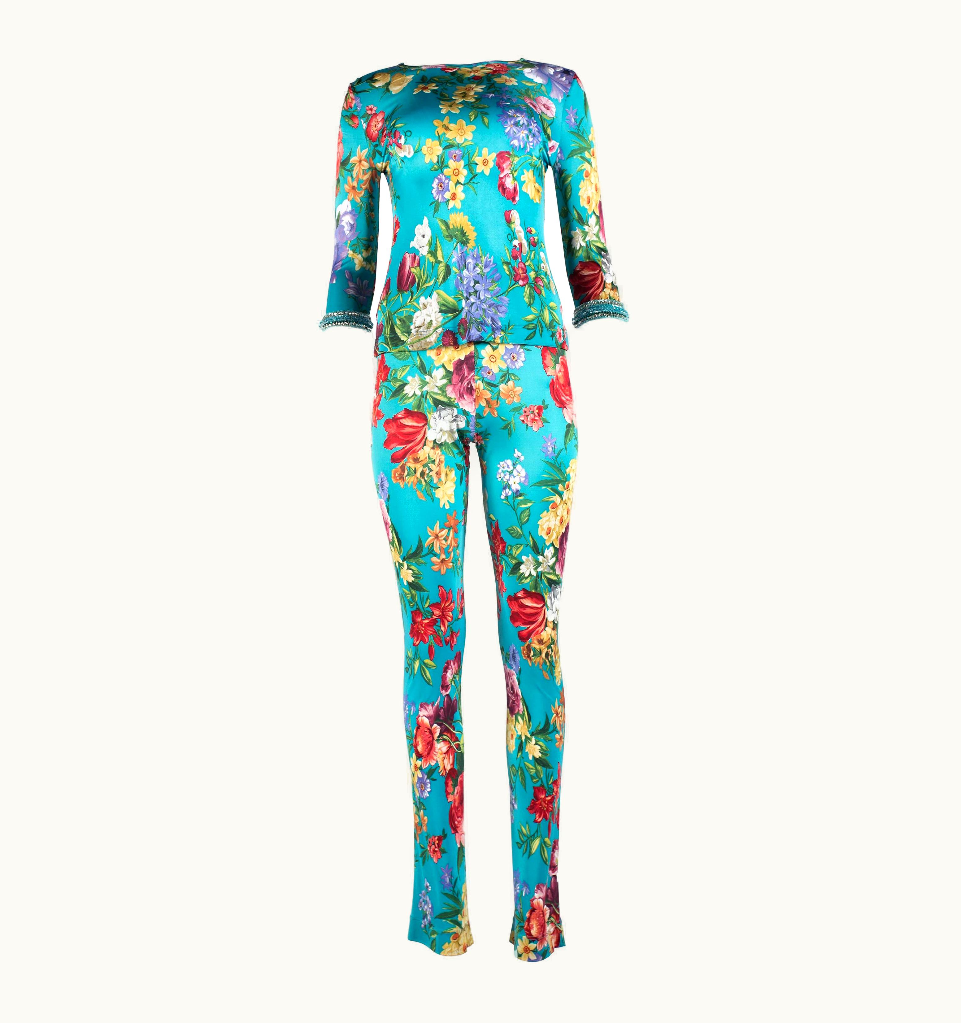 Dolce & Gabbana Dolce & Gabbana Viscose Jersey Turquoise Floral Pant Suit, Circa 1999