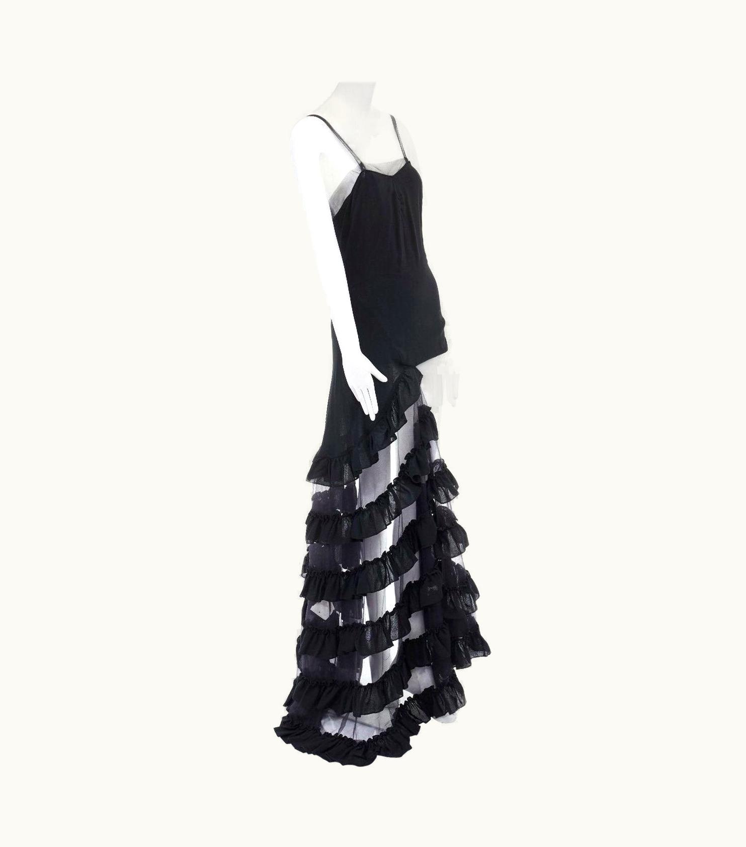 Alexander McQueen Runway Alexander Mcqueen 1999 Black Asymmetric Ruffle Train Top Maxi Gown