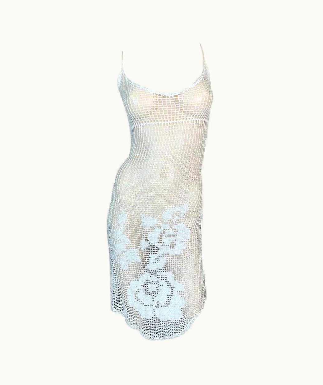 Dolce & Gabbana Vintage 1997 Dolce & Gabbana Sheer Ivory Crochet Floral Plunging Wiggle Dress