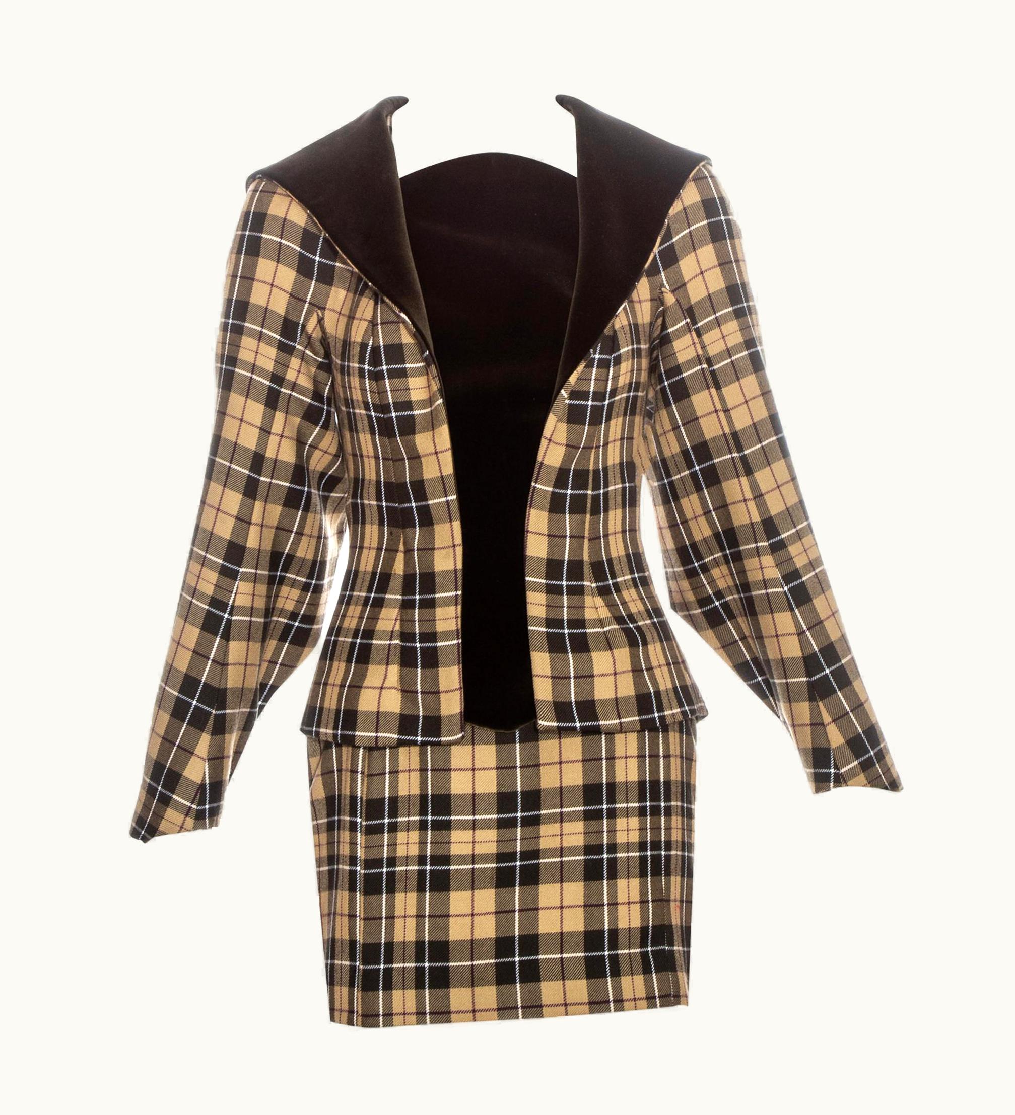 Vivienne Westwood Vivienne Westwood Brown Tartan Wool And Velvet Mini Skirt Suit, AW 1997