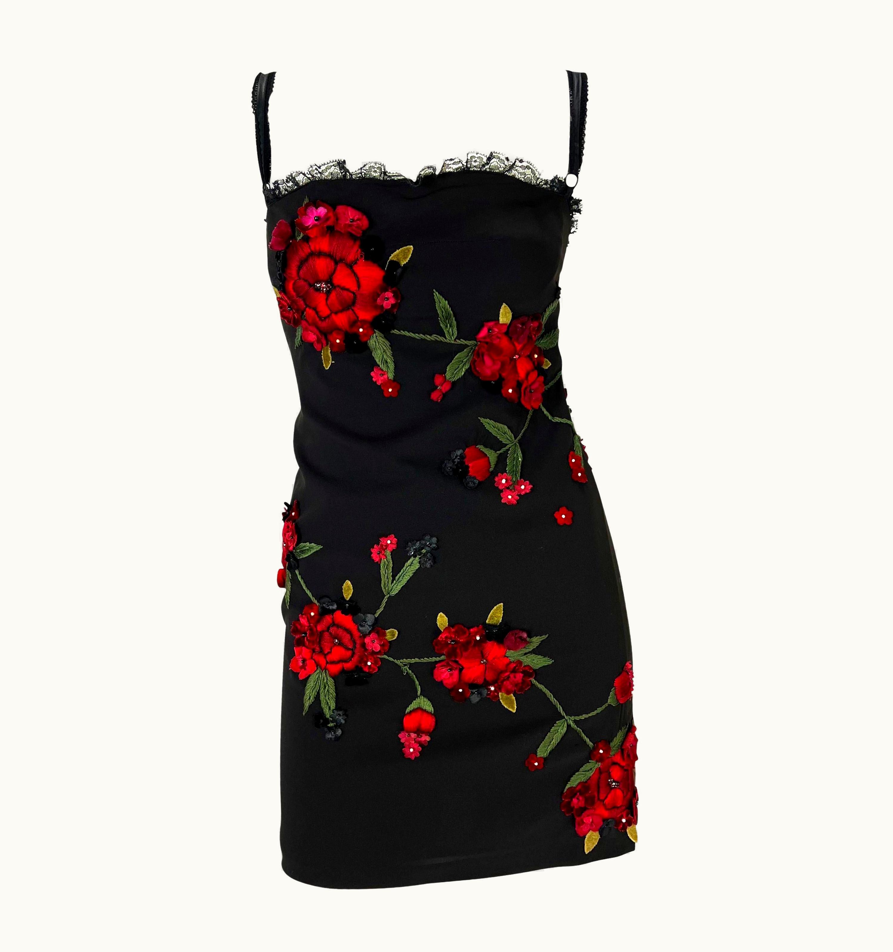 Dolce & Gabbana AW 1997 Dolce & Gabbana Runway Red Floral Embroidered Rhinestone Bustier Dress