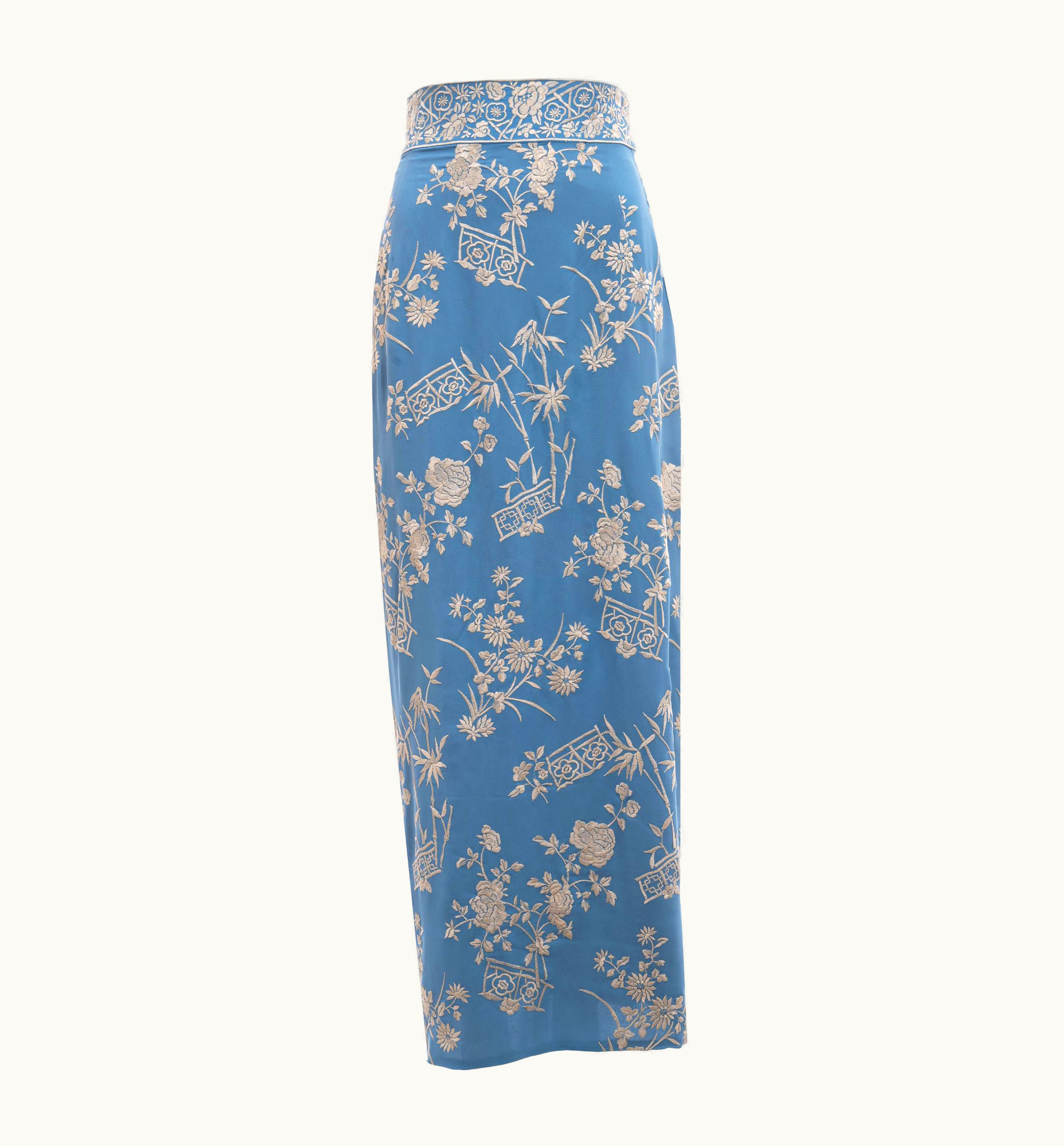 Dolce & Gabbana Dolce & Gabbana Blue Silk Evening Wrap Skirt With Floral Embroidery, S/S 1997
