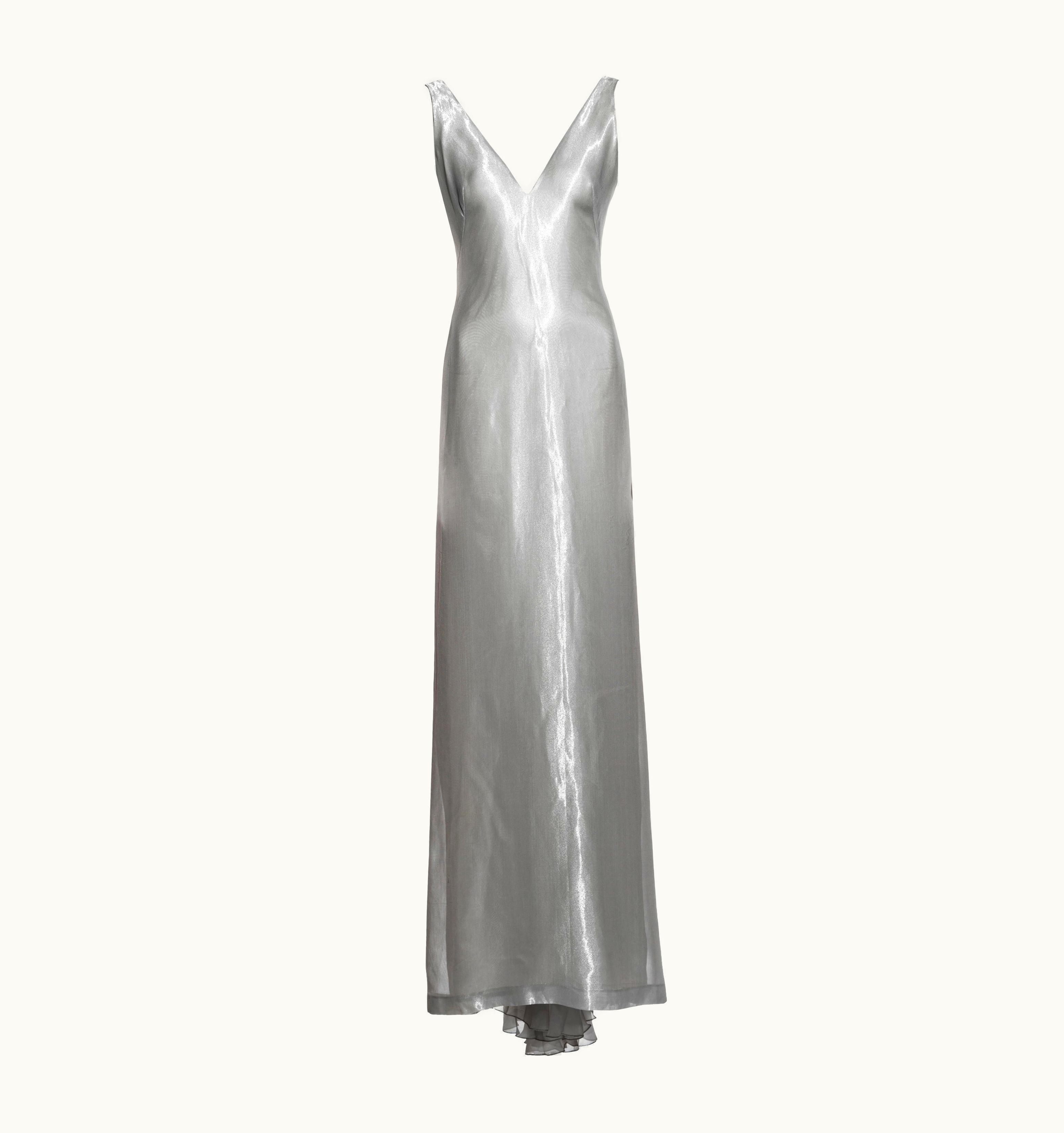 Alexander McQueen Alexander McQueen Metallic Silver Silk Lamé Open-back Evening Dress, S/S 1997