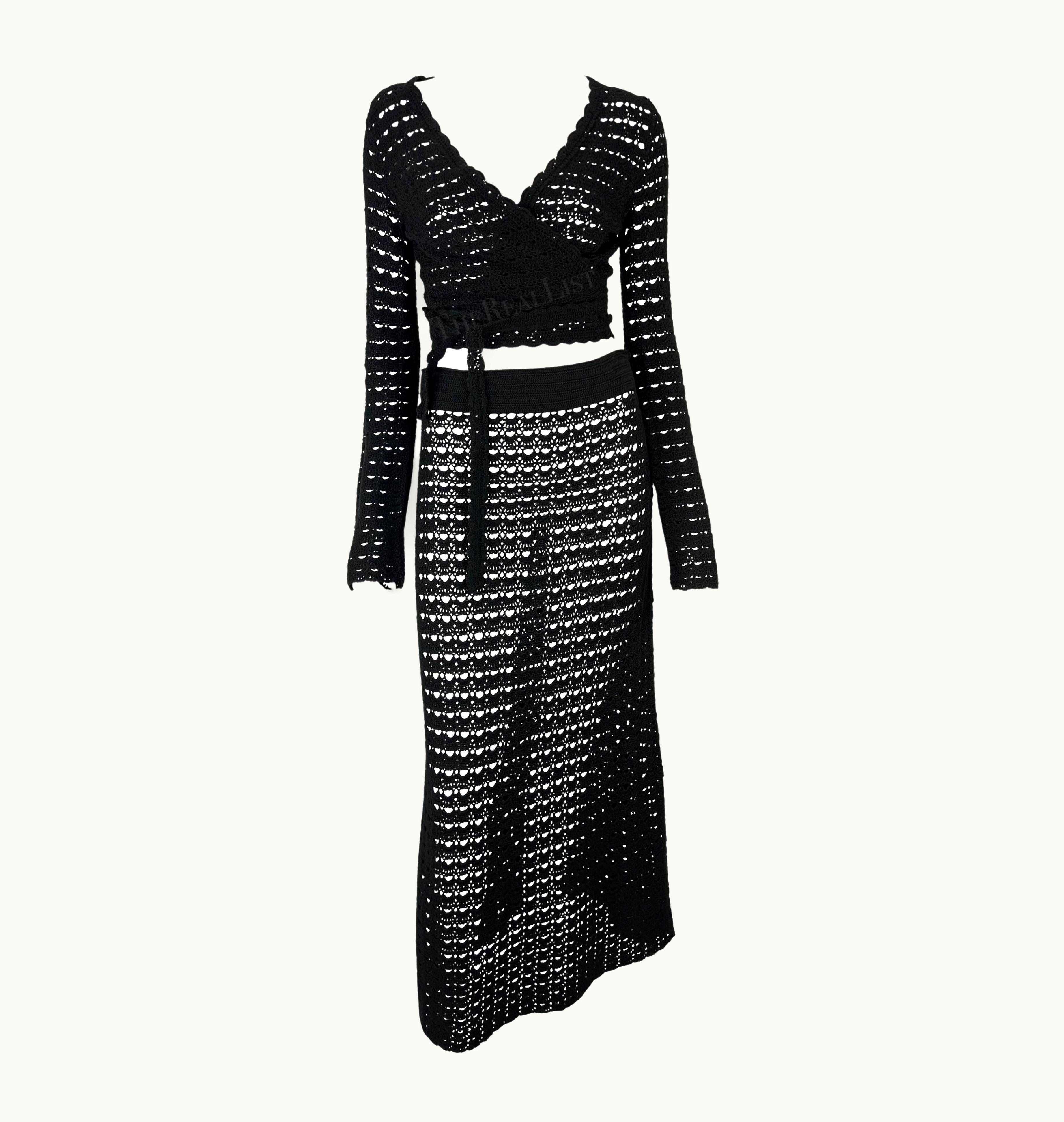 Dolce & Gabbana S/S 1997 Dolce & Gabbana Black Knit Crochet Maxi Skirt Wrap Top Skirt Set
