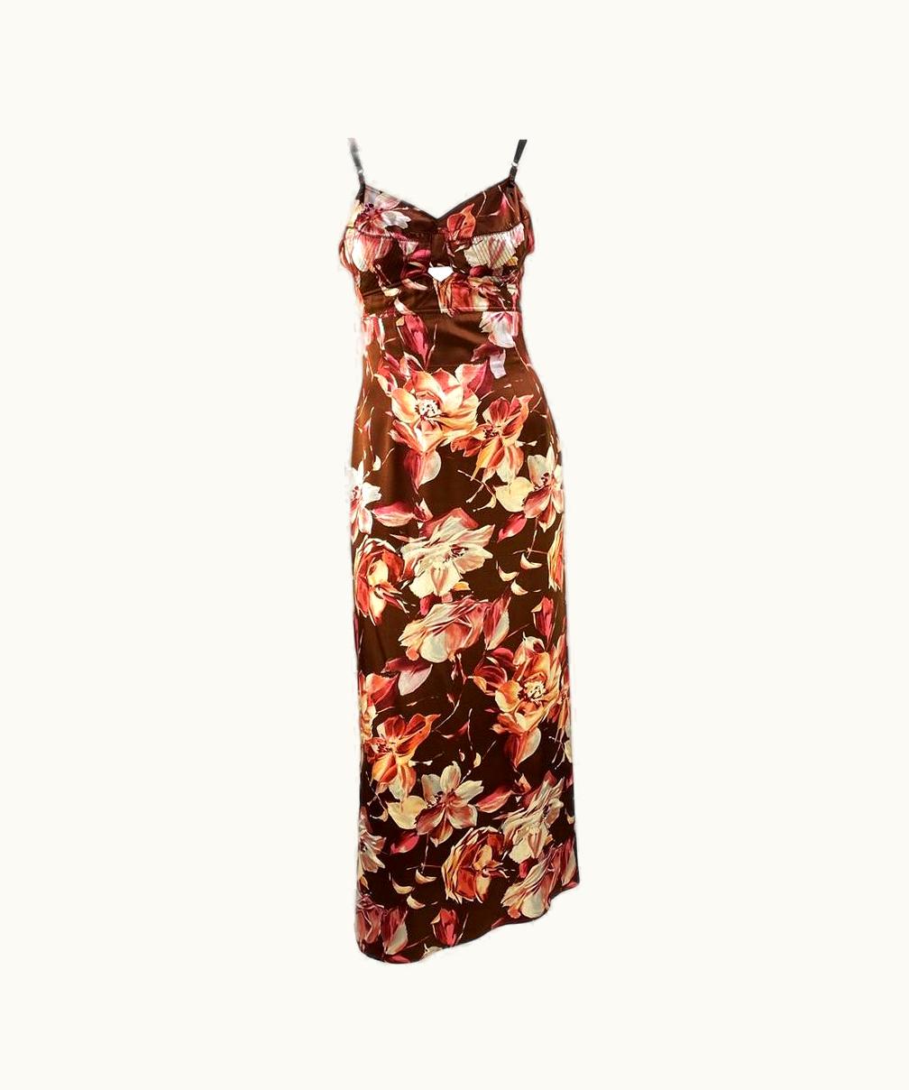 Dolce & Gabbana S/S 1997 Dolce & Gabbana Floral Brown Silk Bustier Strap Pin-Up Dress