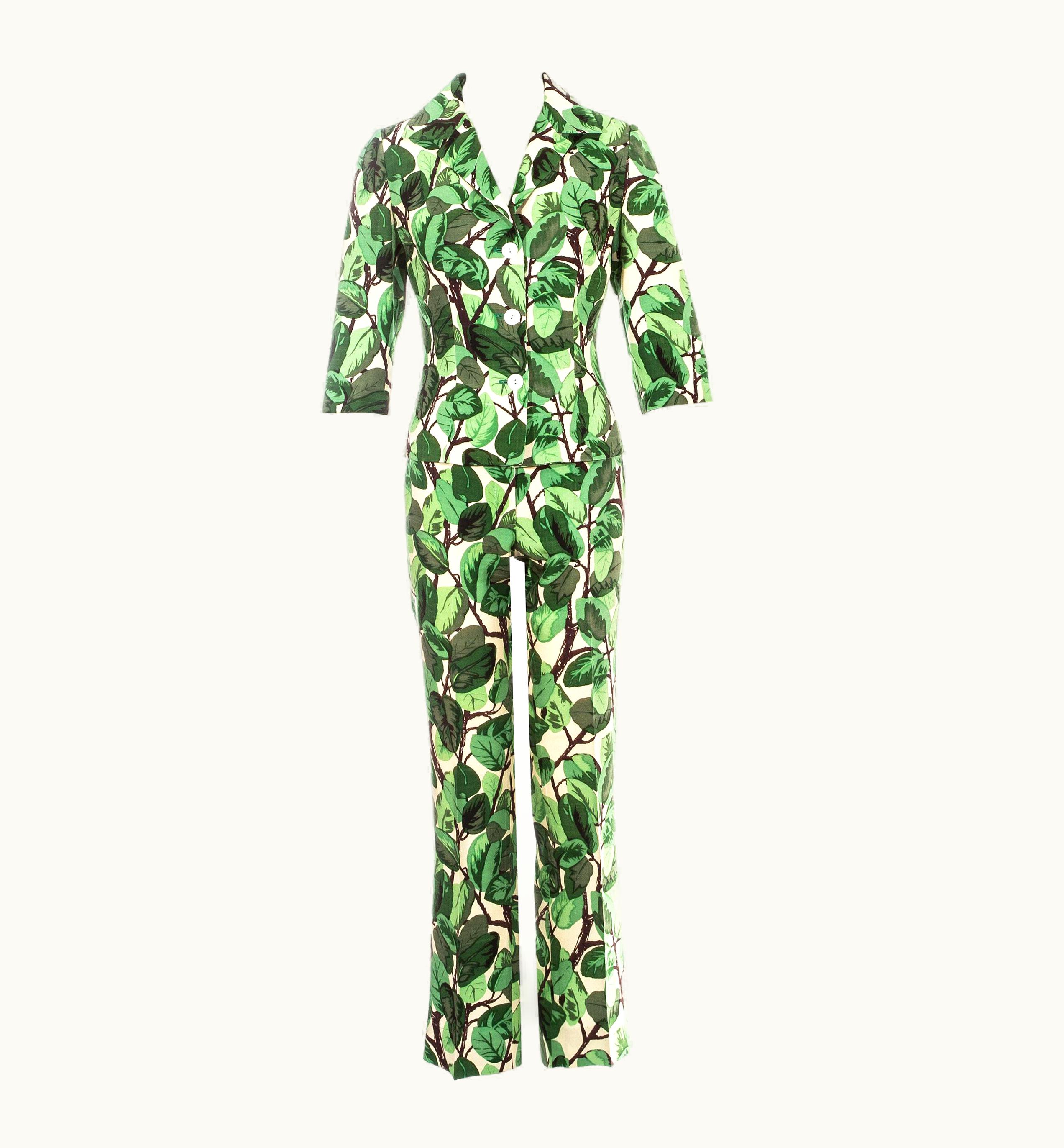 Dolce & Gabbana Dolce & Gabbana White And Green Foliage Print Silk Linen Pant Suit, S/S 1997