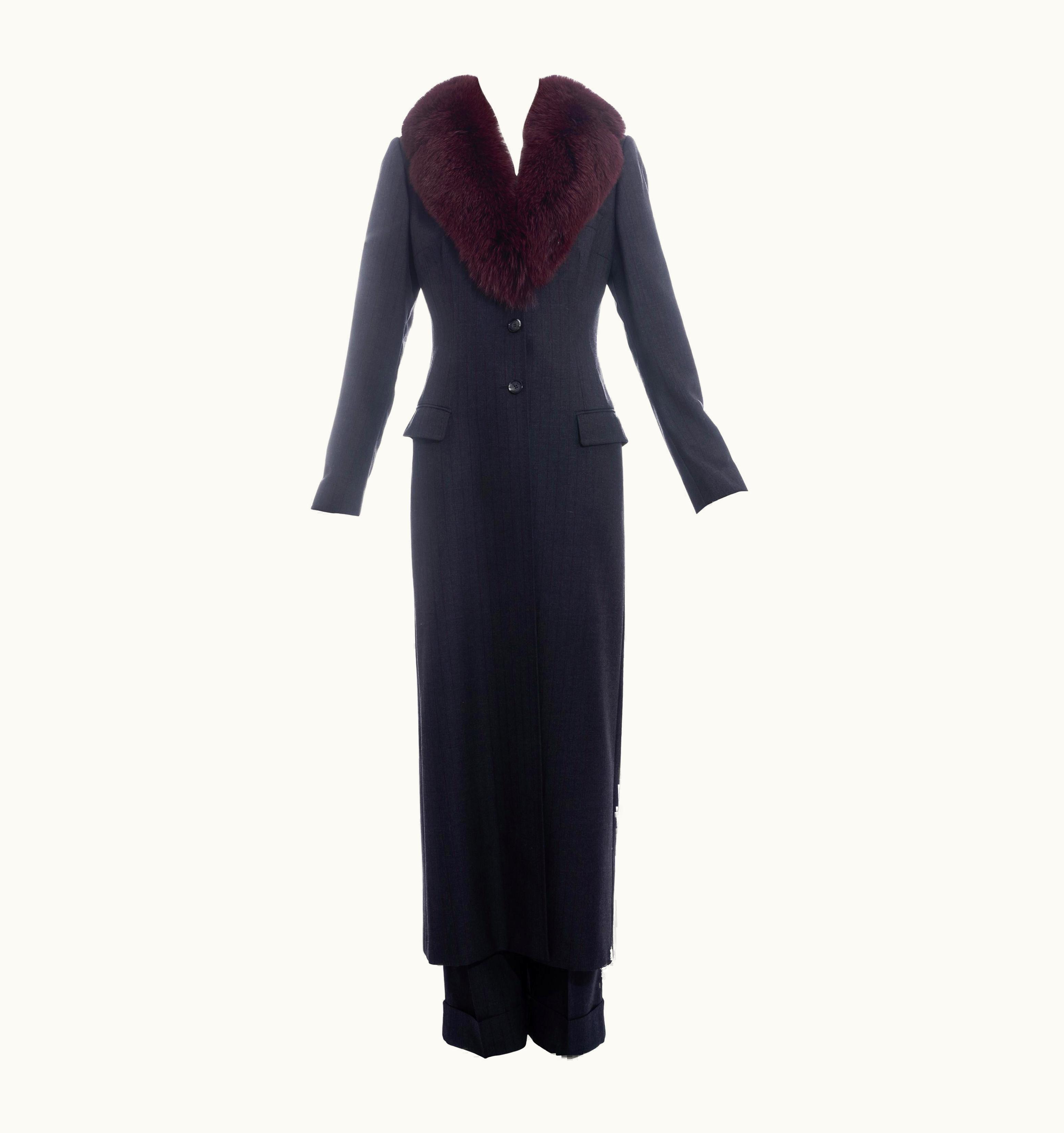 Dolce & Gabbana Dolce & Gabbana Red And Grey Pinstripe Wool Pant Suit With Fur Collar, AW 1997