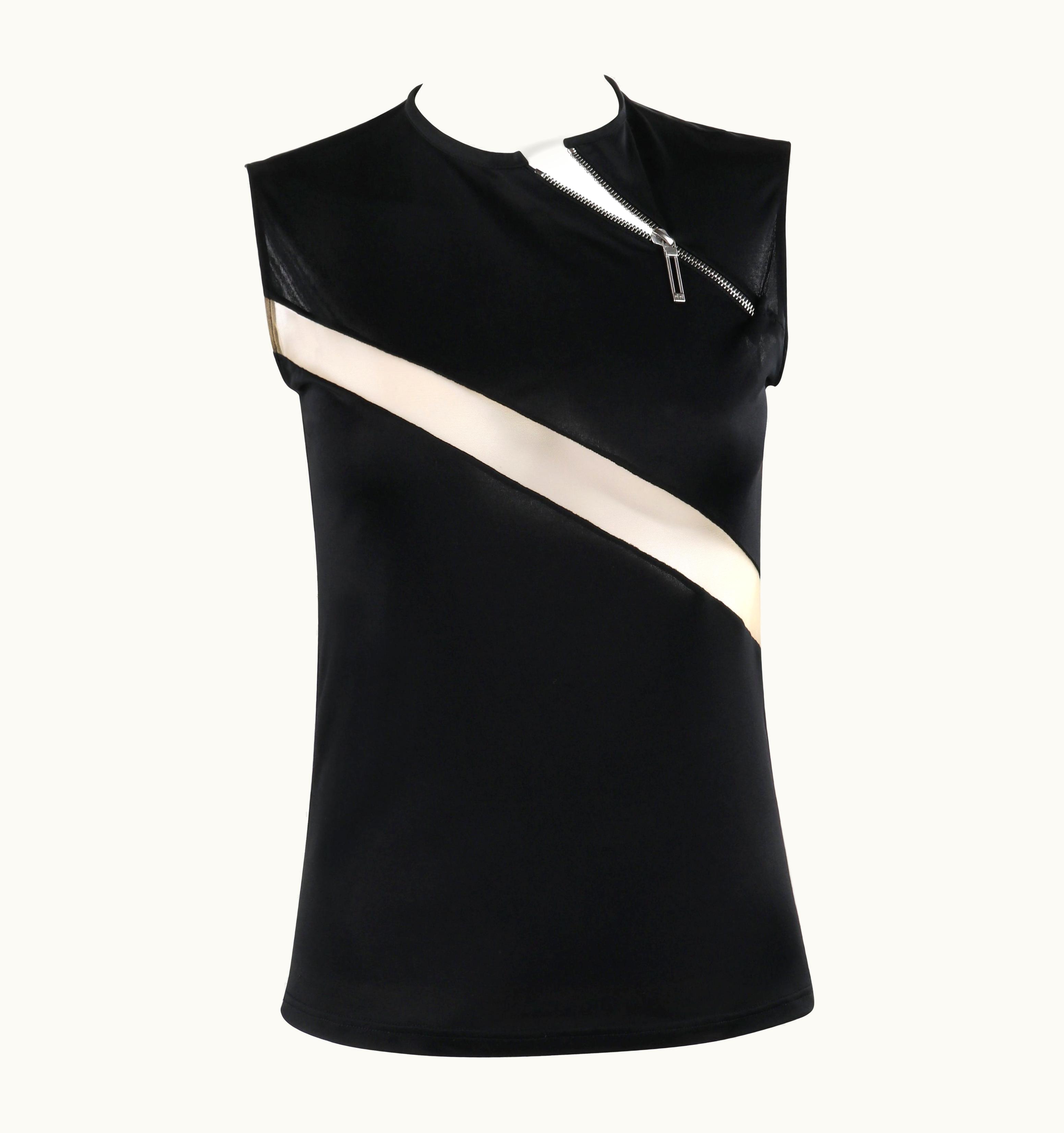 Alexander McQueen Alexander McQUEEN S/S 1997 "La Poupée" Black Tan Asymmetric Mesh Zipper Tank Top