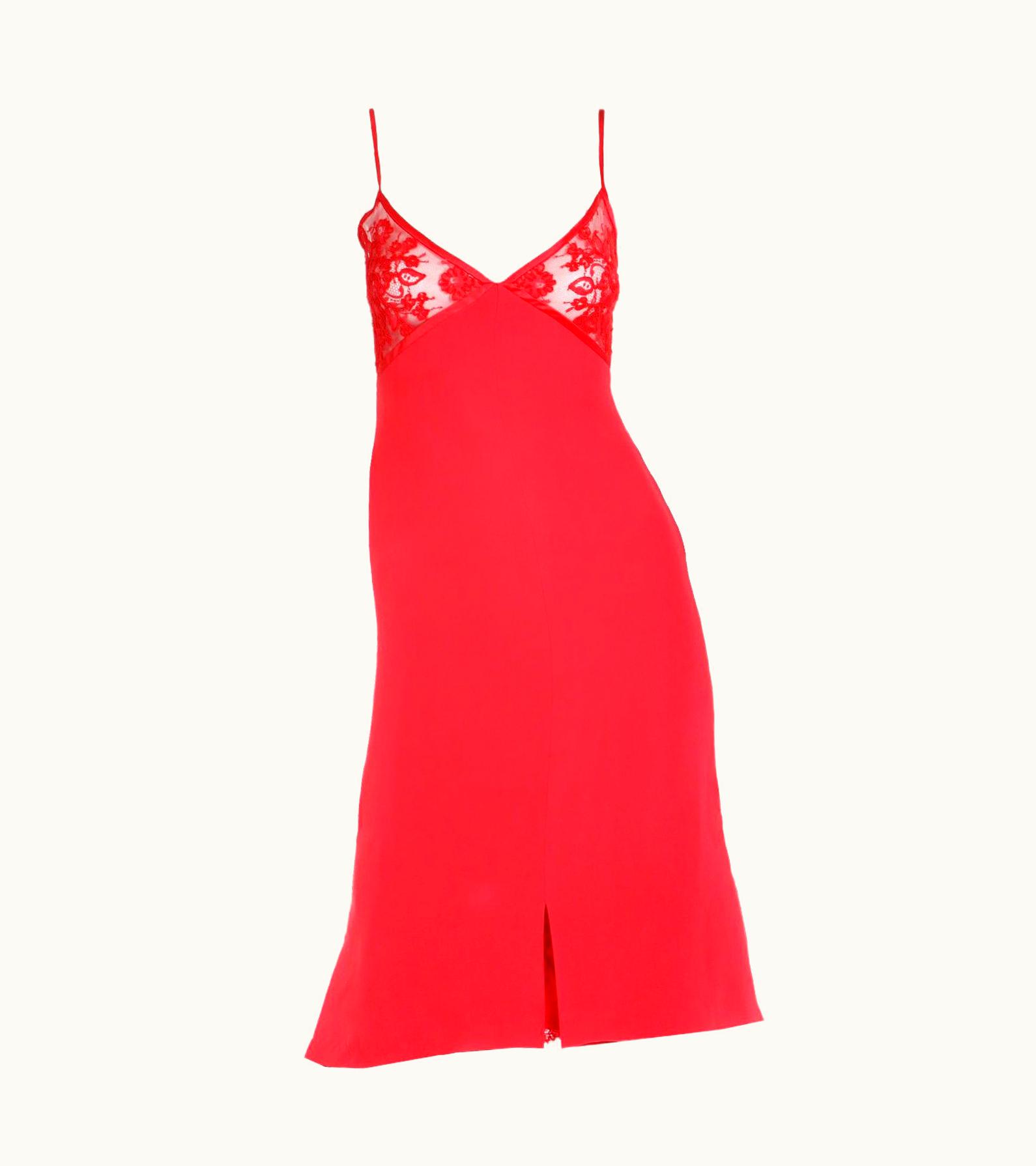 Valentino Vintage Valentino Red Silk Slip Dress With Lace Inserts & Open Back