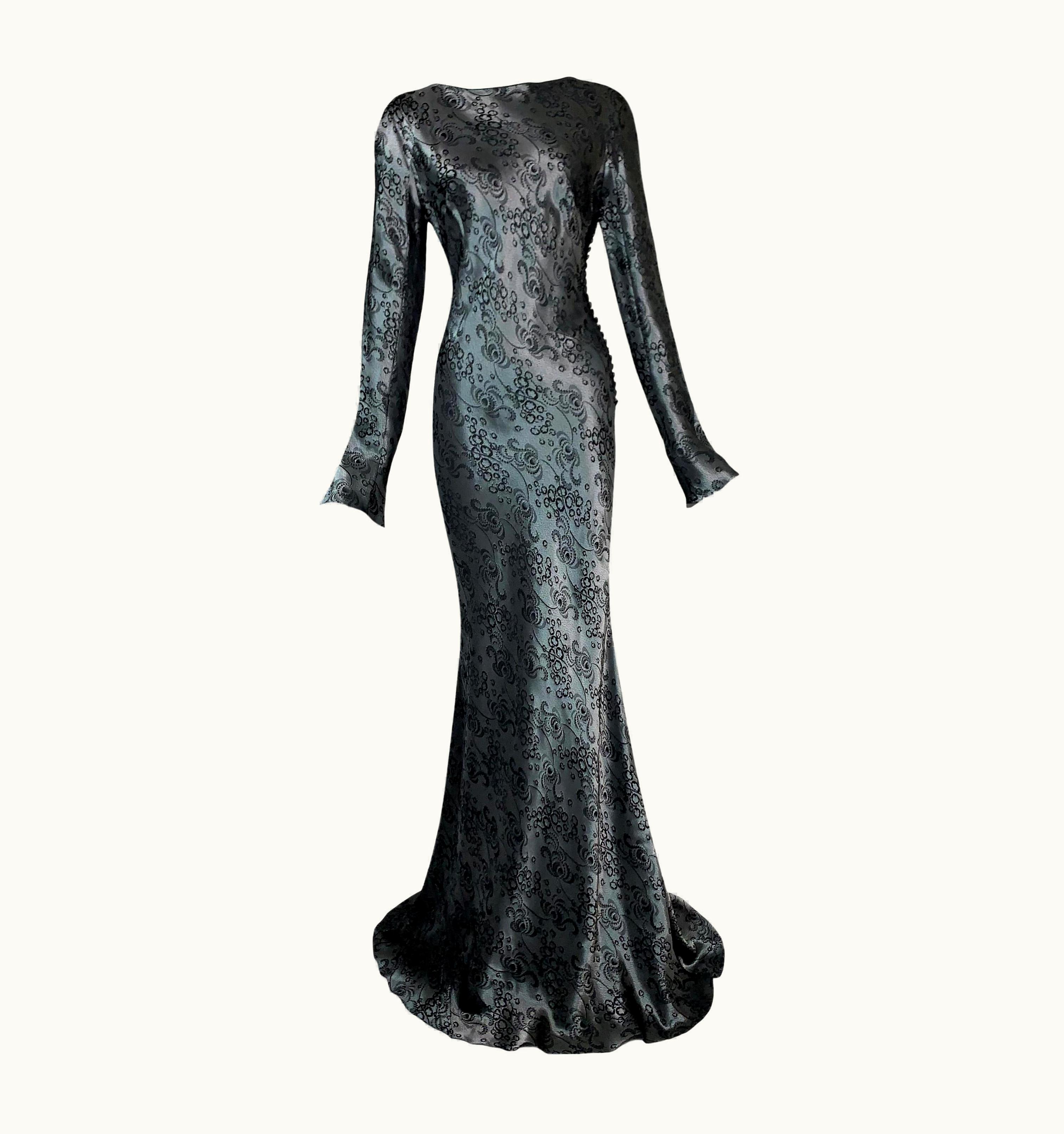 John Galliano AW 1998 John Galliano Runway Brocade Gunmetal Extra Long Dress