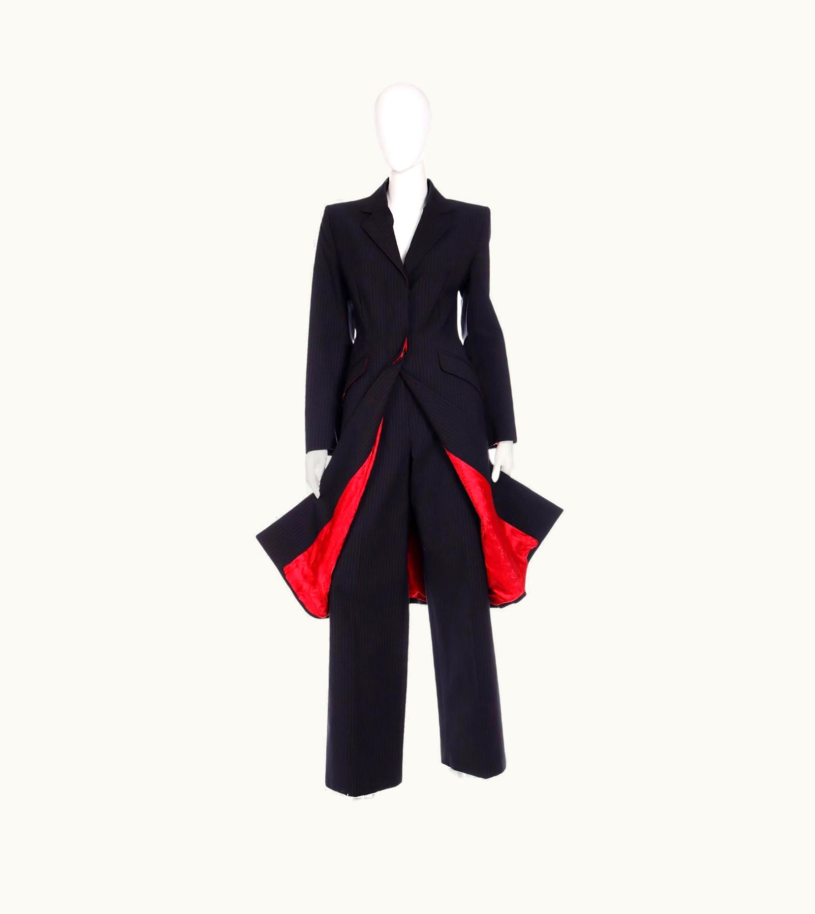 Alexander McQueen 1998 Alexander McQueen Runway Joan Black & Red Pinstripe Long Coat Trouser Suit