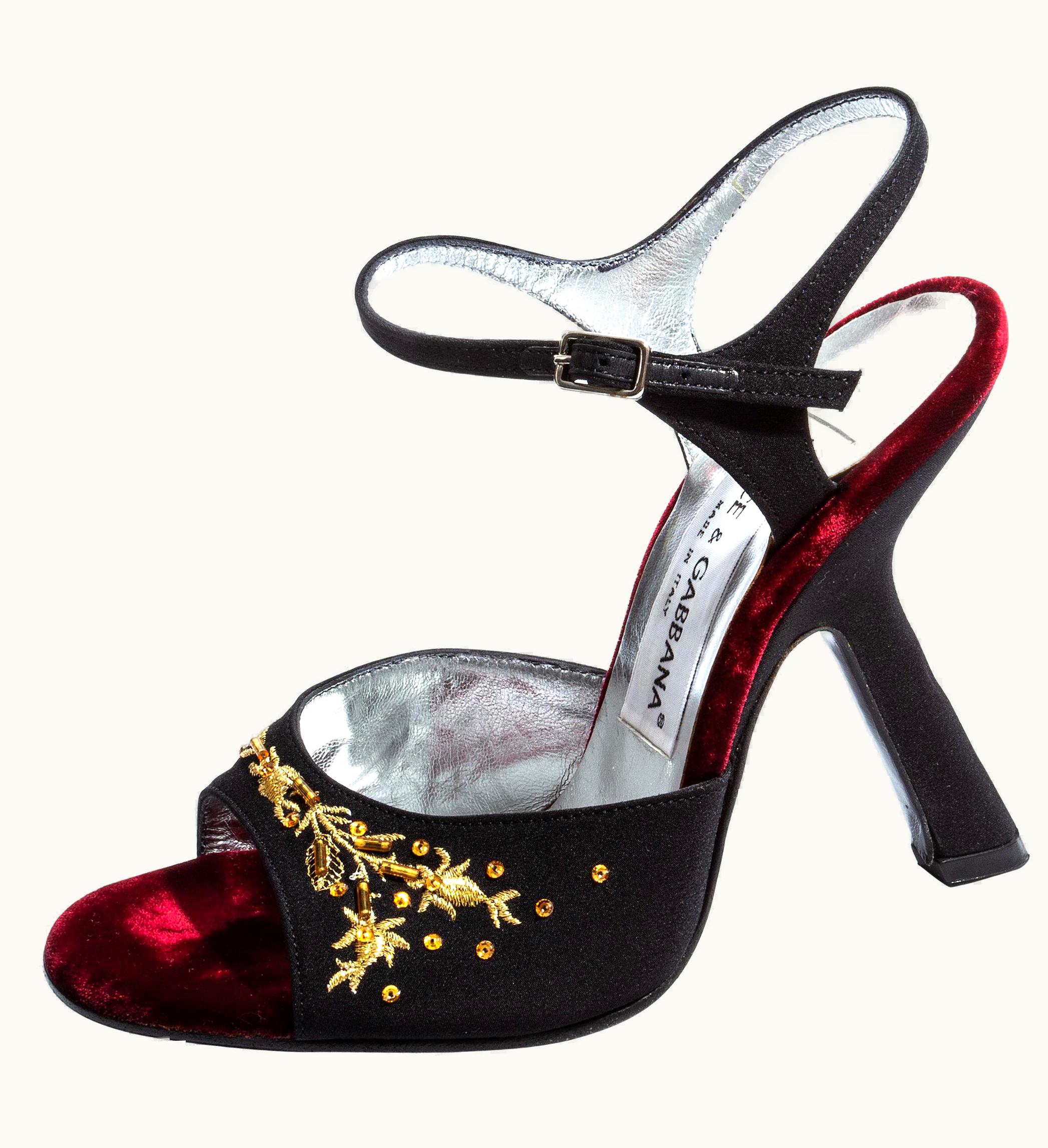 Dolce & Gabbana Dolce & Gabbana Black And Gold Embroidered Silk Velvet Evening Heels, S/S 1998