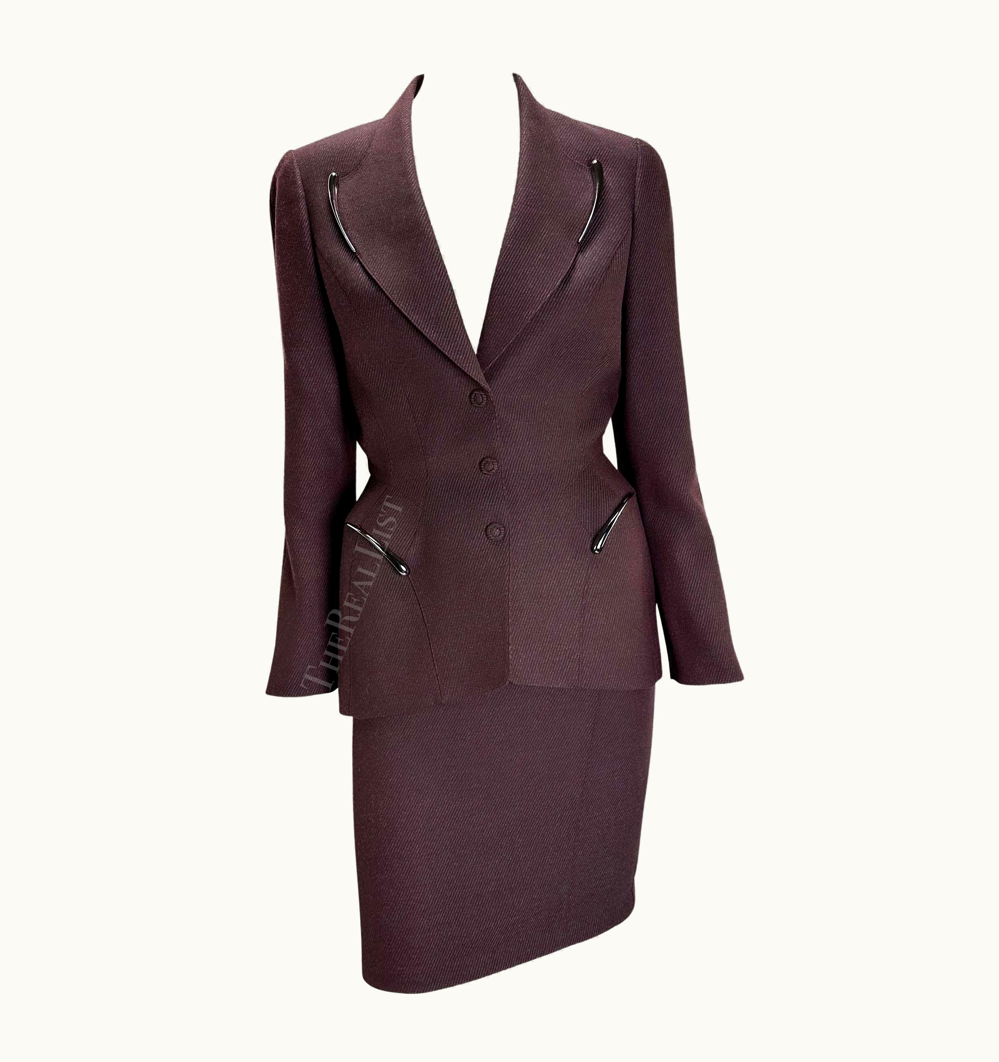Mugler AW 1998 Thierry Mugler Runway Burgundy Sculptural Metal Appliqué Skirt Suit