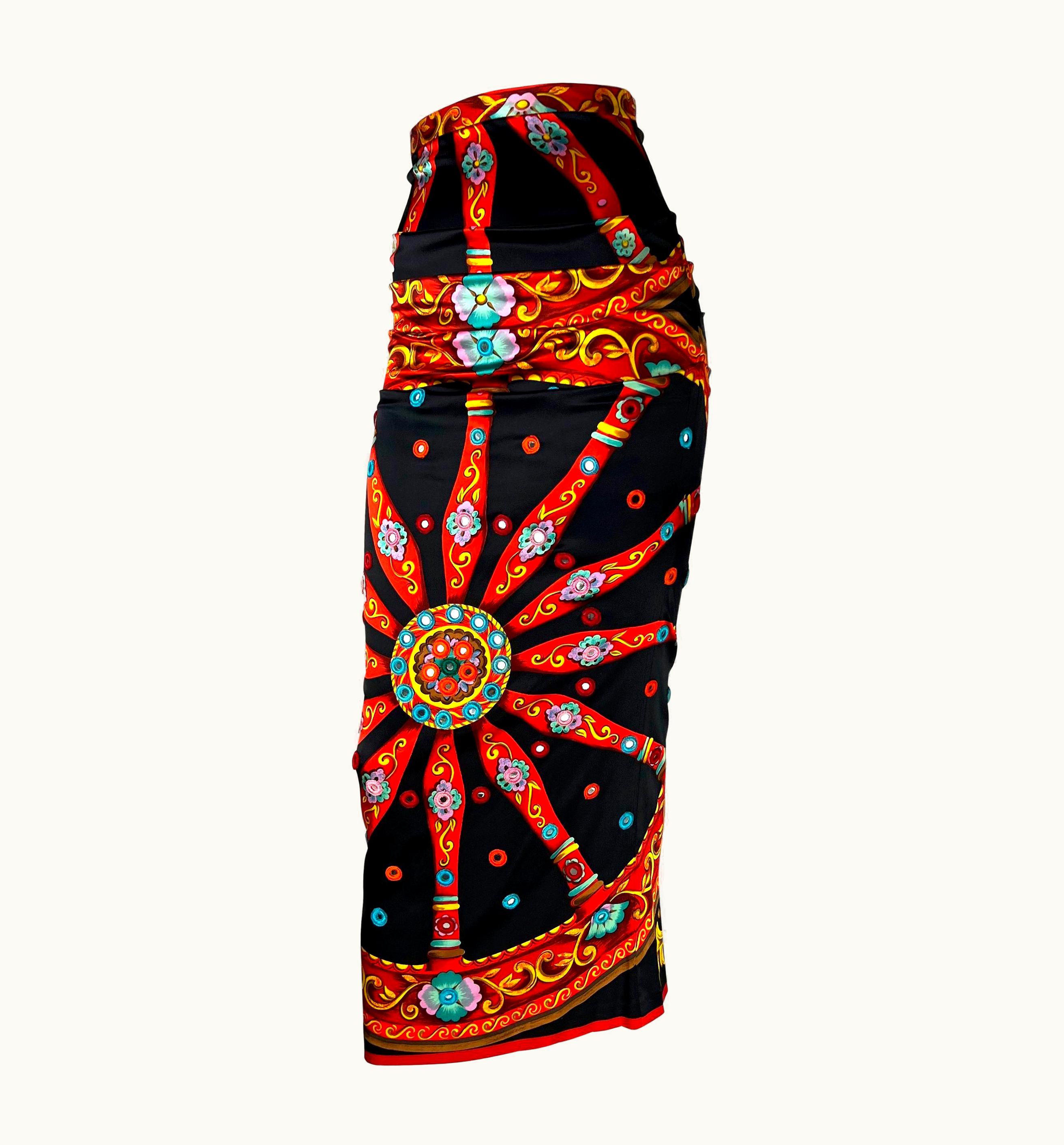 Dolce & Gabbana AW 1998 Dolce & Gabbana Runway Mirror Embroidered Printed Silk Maxi Skirt