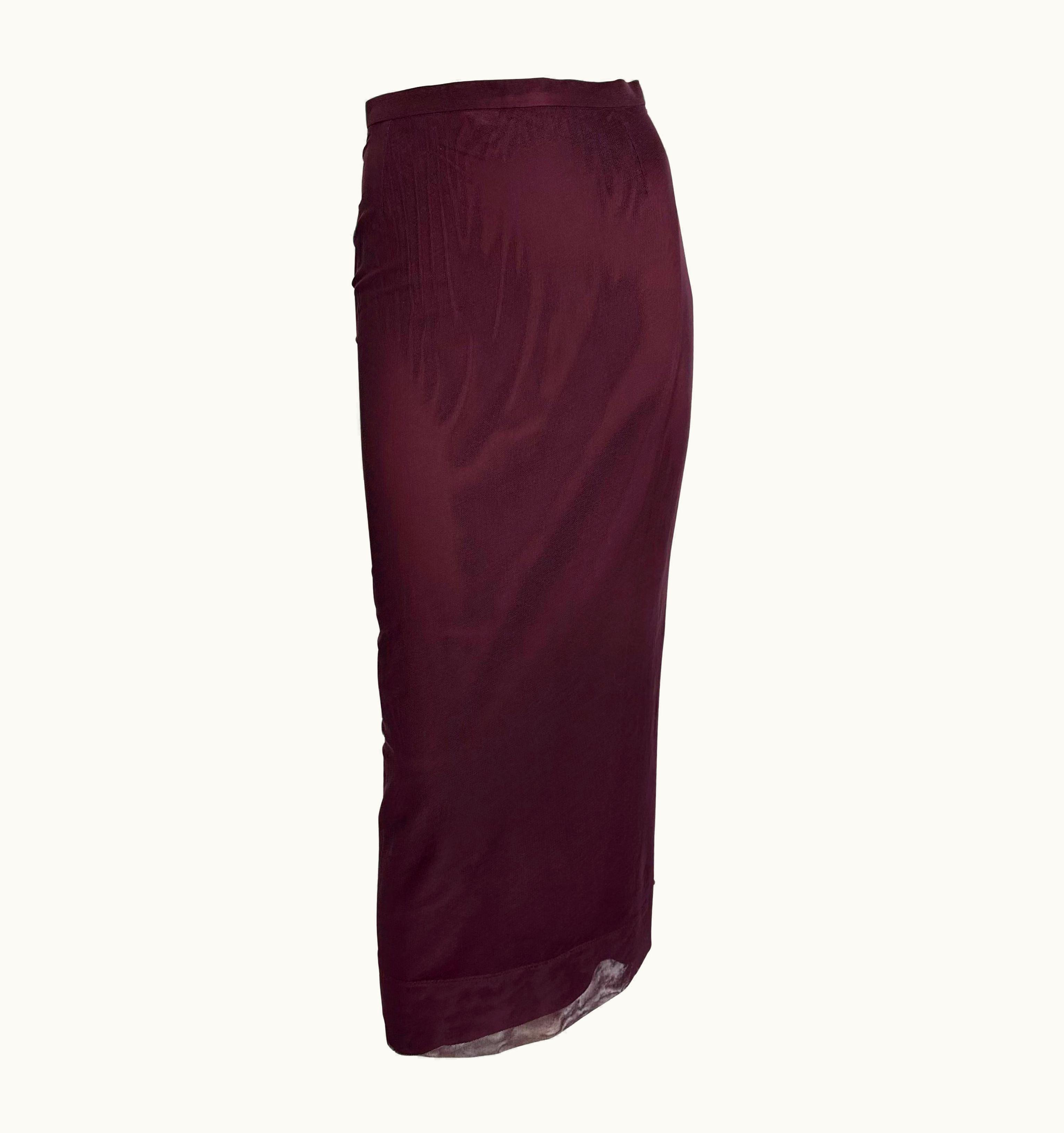 Dolce & Gabbana S/S 1998 Dolce & Gabbana Burgundy Bodycon Sheer Mesh Overlay Maxi Skirt