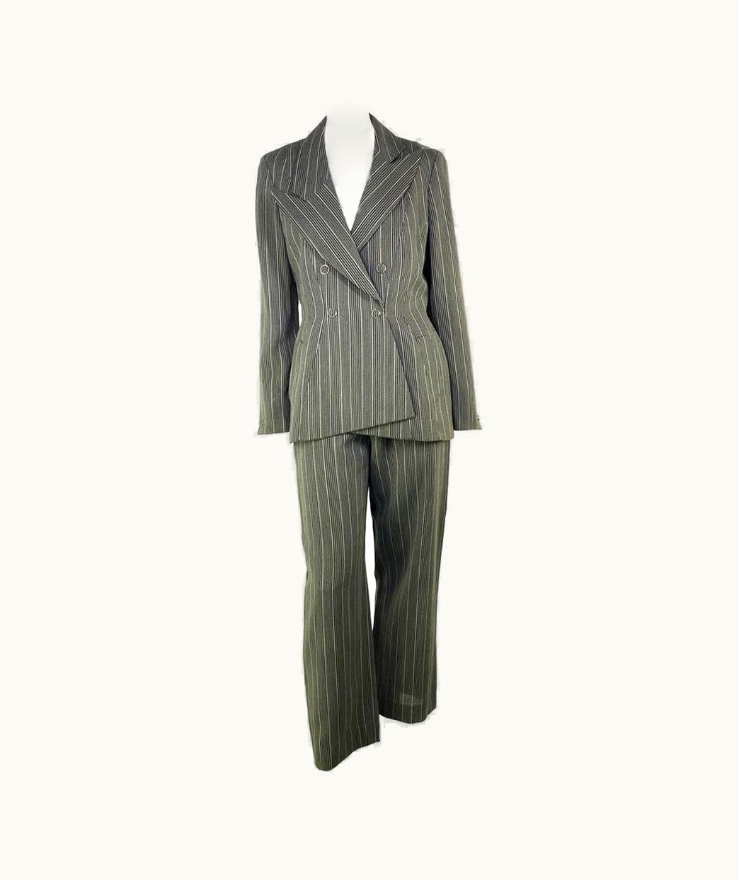 Mugler AW 1998 Thierry Mugler Structural Green Grey Wool Striped Hourglass Pant Suit
