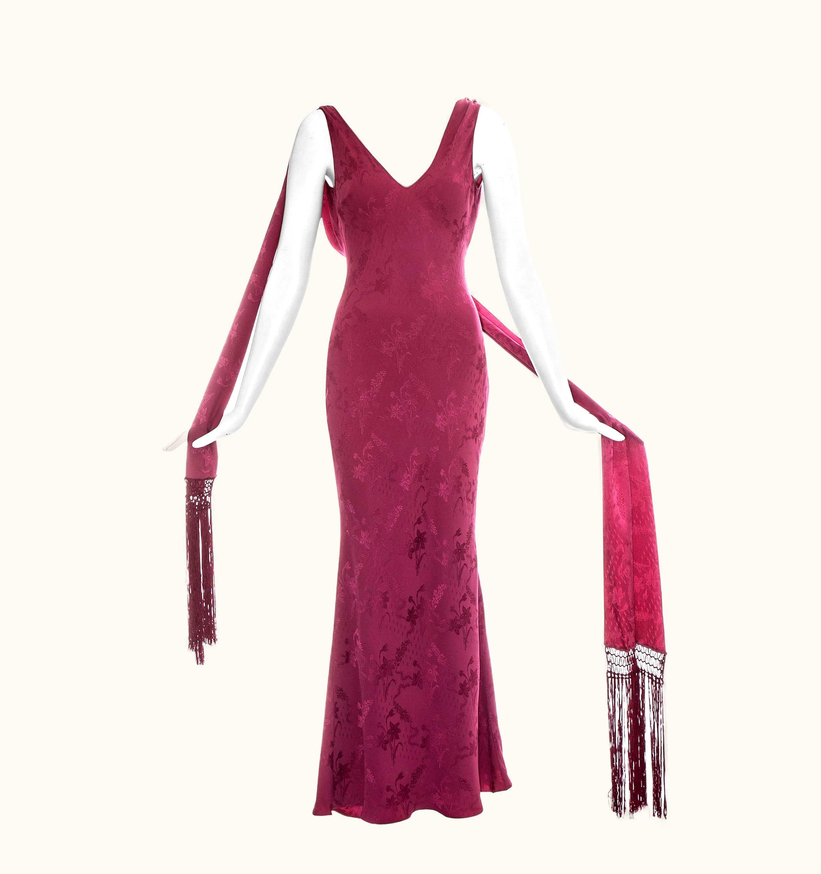 John Galliano John Galliano Rose Pink Silk Brocade Evening Dress With Fringed Scarf, S/S 1998