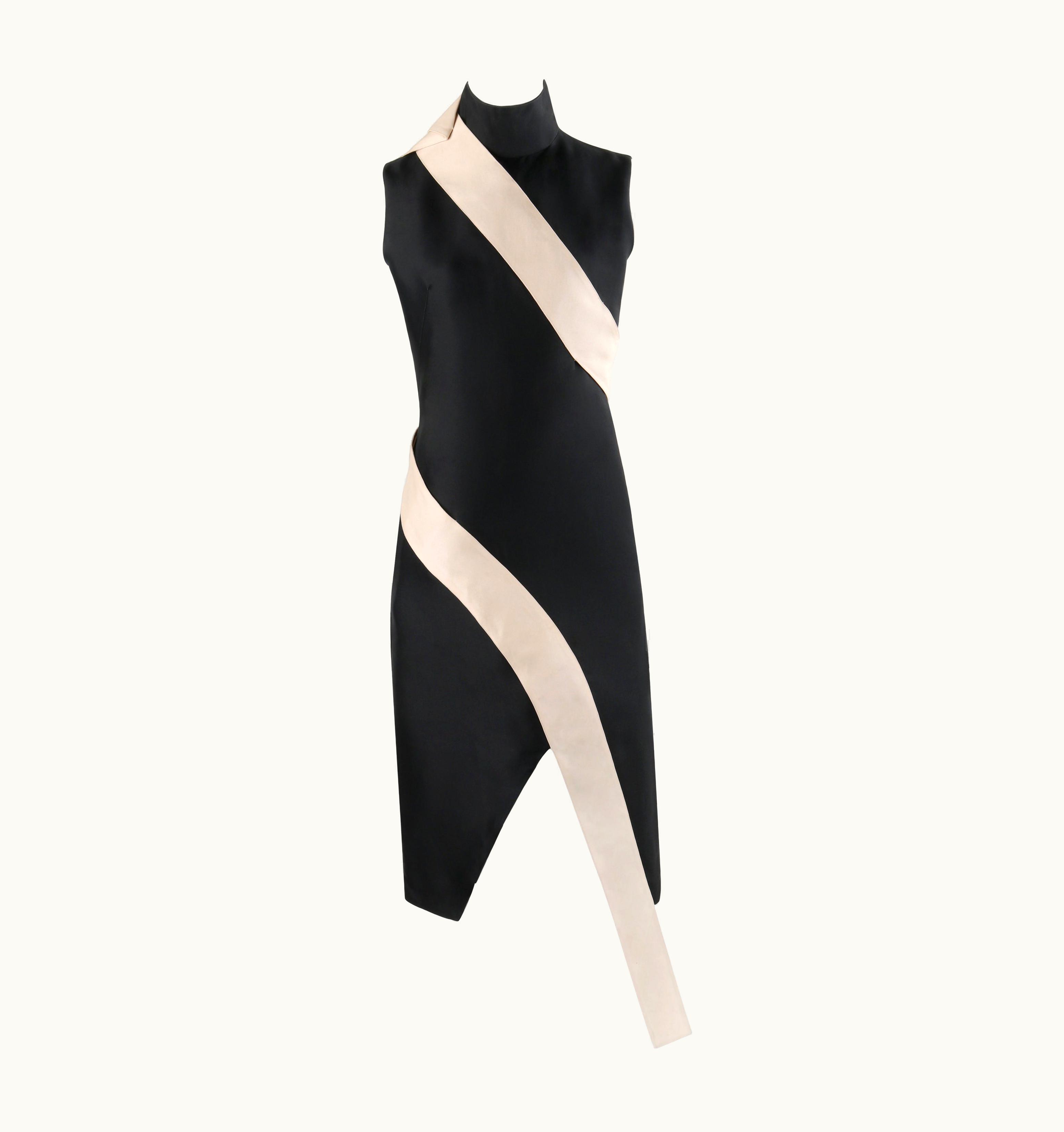 Alexander McQueen Alexander McQUEEN AW 1998 Black Ivory Ribbon Inset Mock Neck Cocktail Dress
