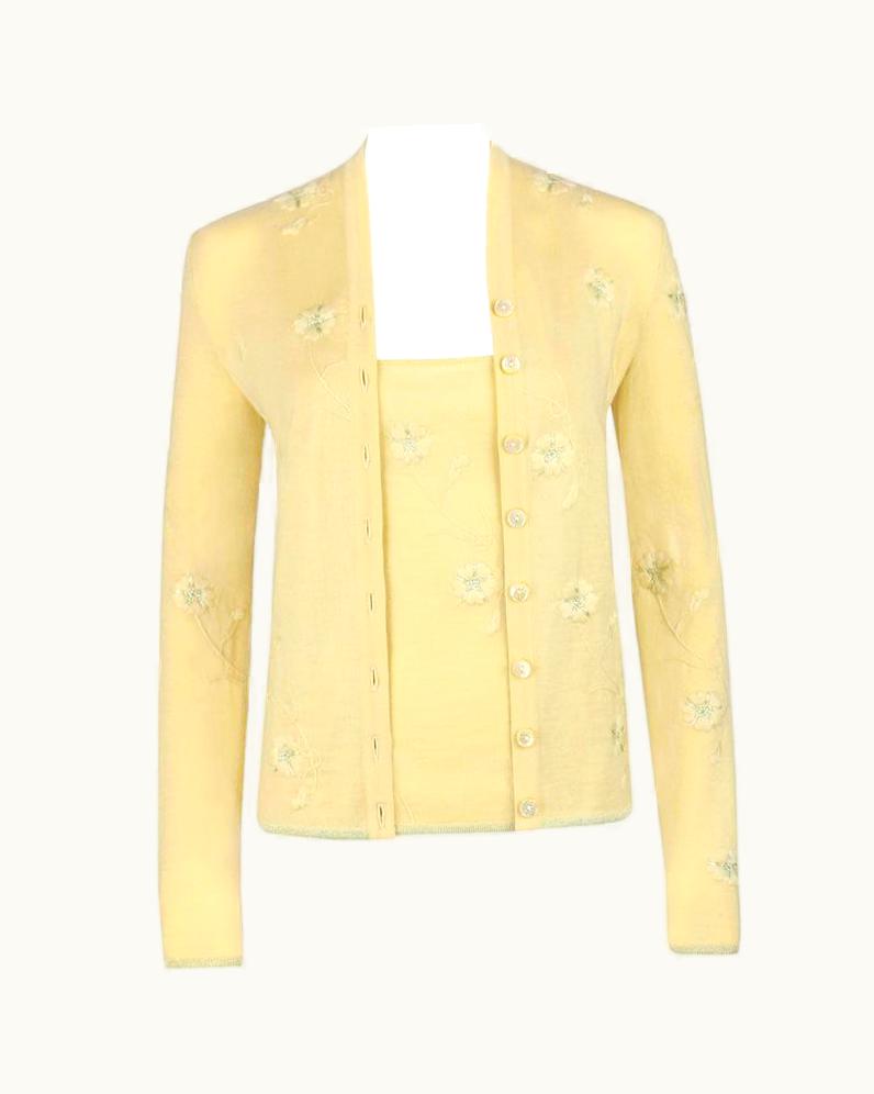 Alexander McQueen Givenchy Couture S/S 1998 Alexander Mcqueen Pale Yellow Floral Cardigan Top Set