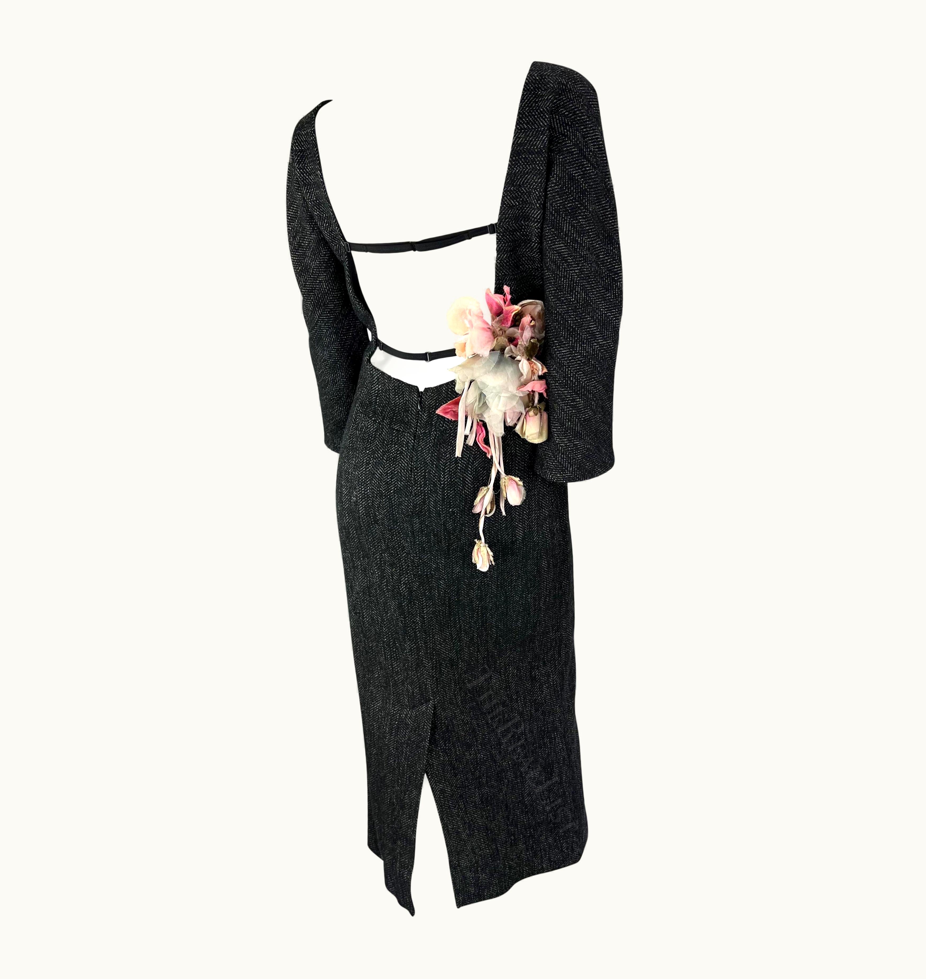 Dolce & Gabbana AW 1998 Dolce & Gabbana Runway Dark Grey Wool Backless Flower Appliqué Dress