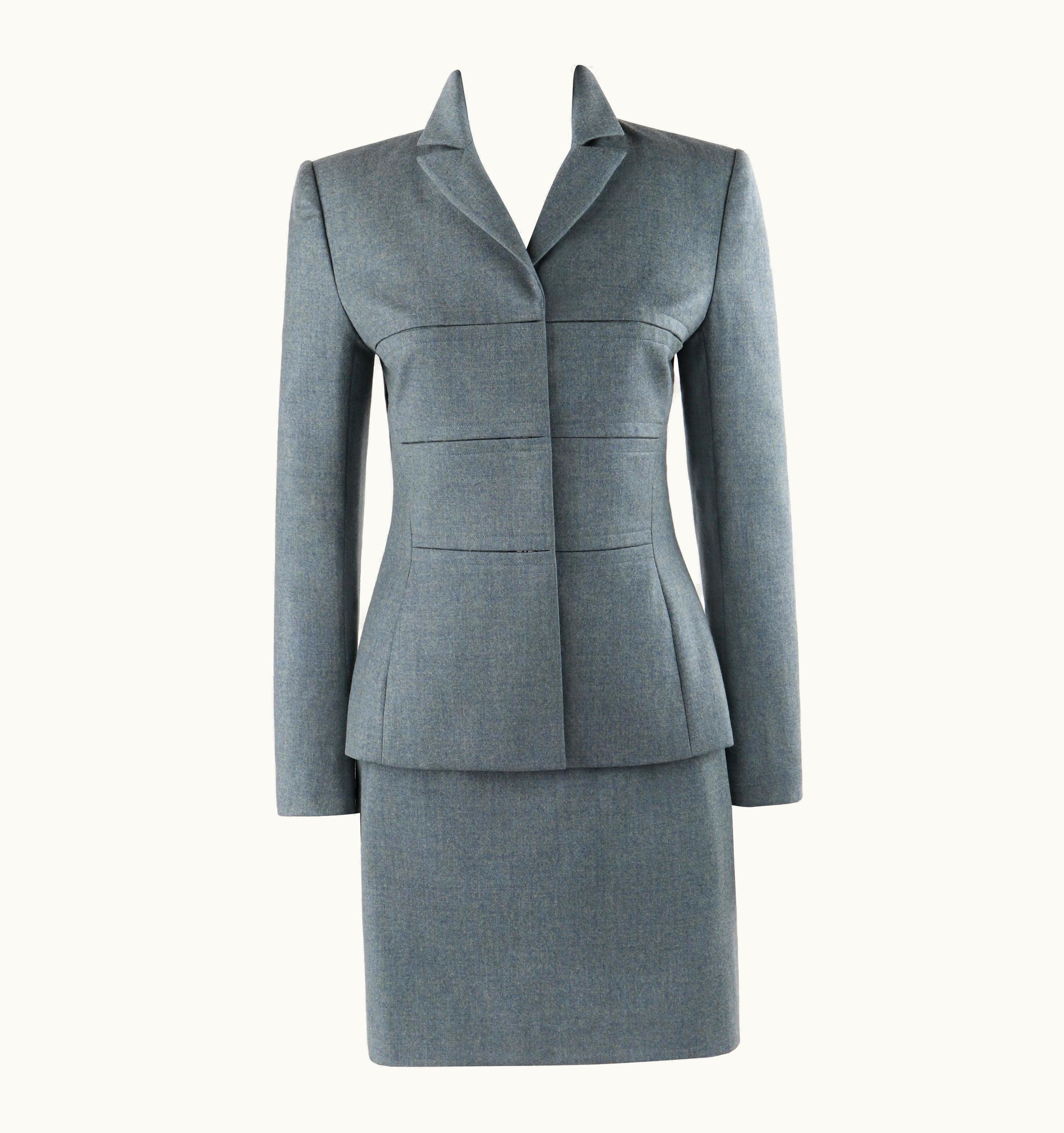 Alexander McQueen Givenchy Couture AW 1998 Alexander McQUEEN Blue Gray Tailored Blazer Skirt Suit