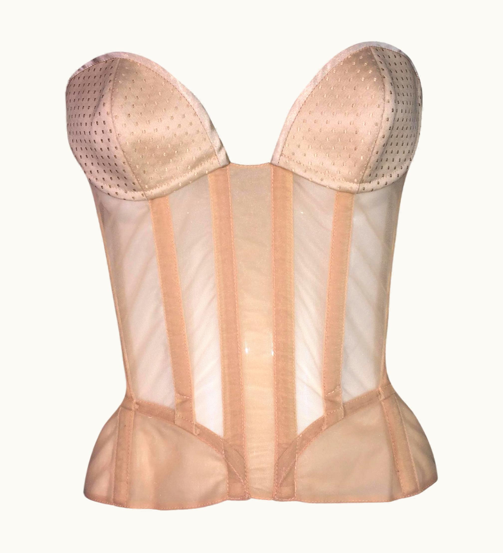 Mugler AW 1998 Thierry Mugler Sheer Nude Pin-Up Wasp Waist Corset Bustier Top