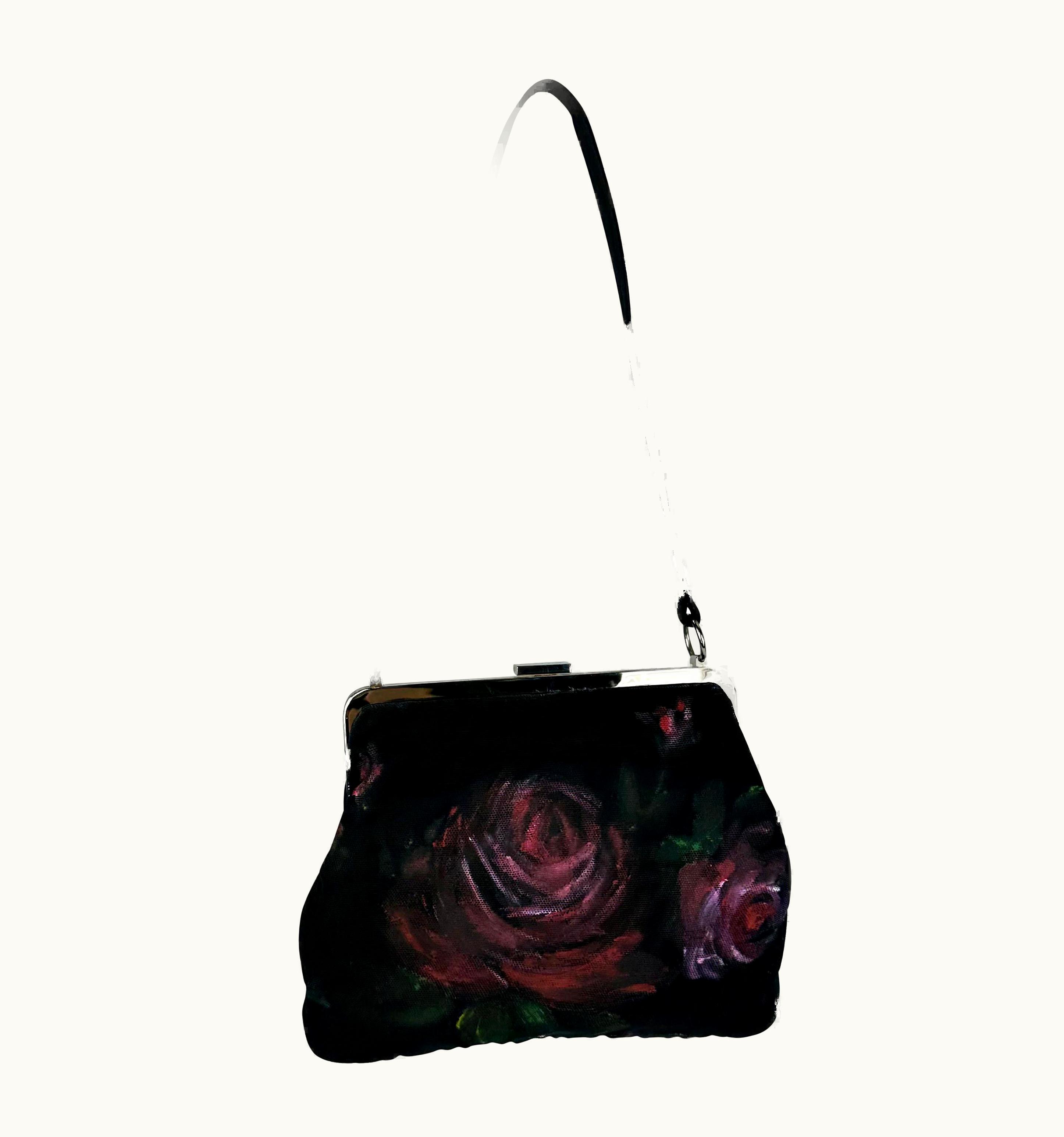 Dolce & Gabbana AW 1998 Dolce & Gabbana Runway Hand Painted Red Rose Black Mesh Bag