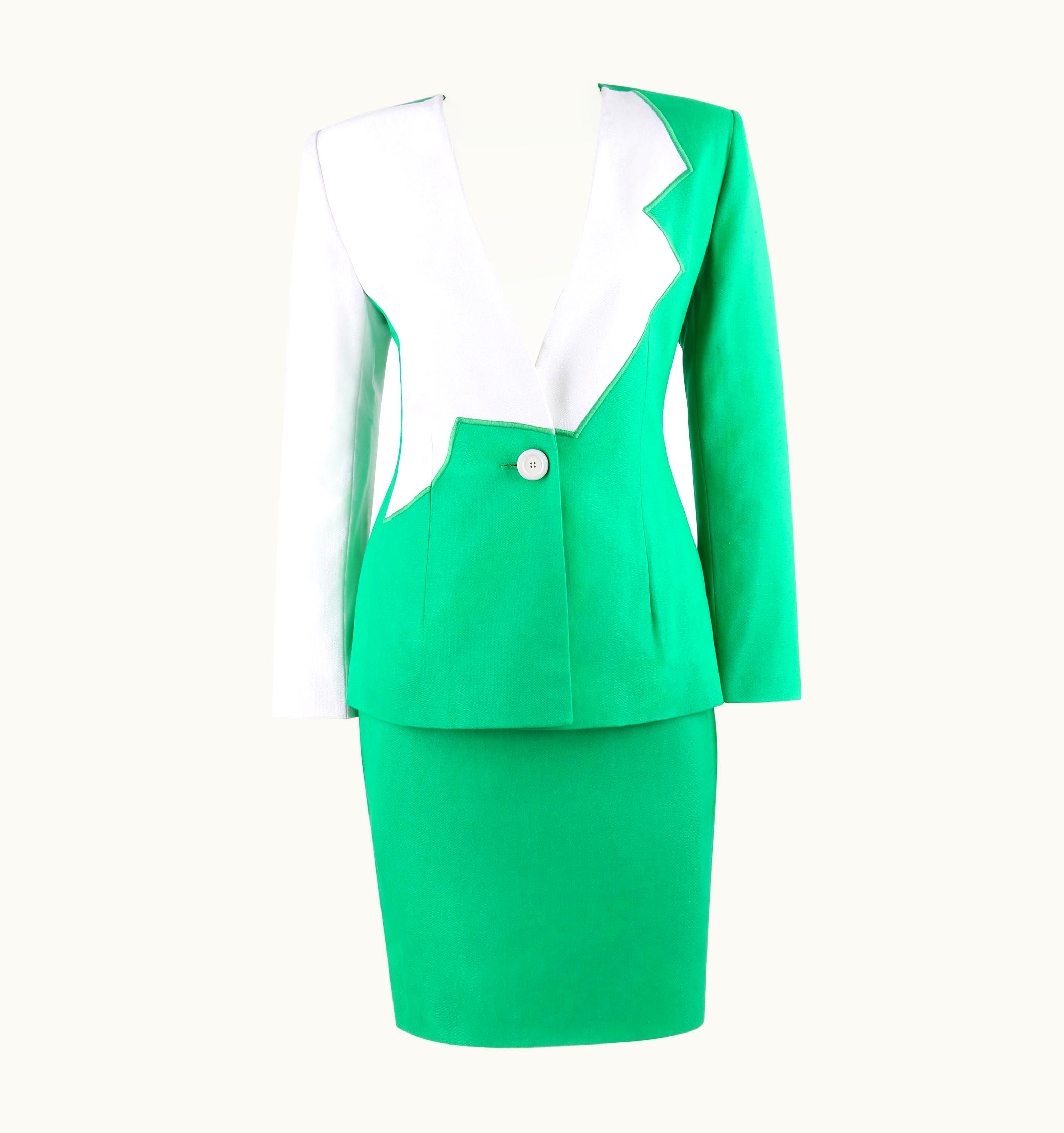 Alexander McQueen Givenchy S/S 1998 Alexander McQUEEN 2pc Green Asymmetric Panel Skirt Suit Set