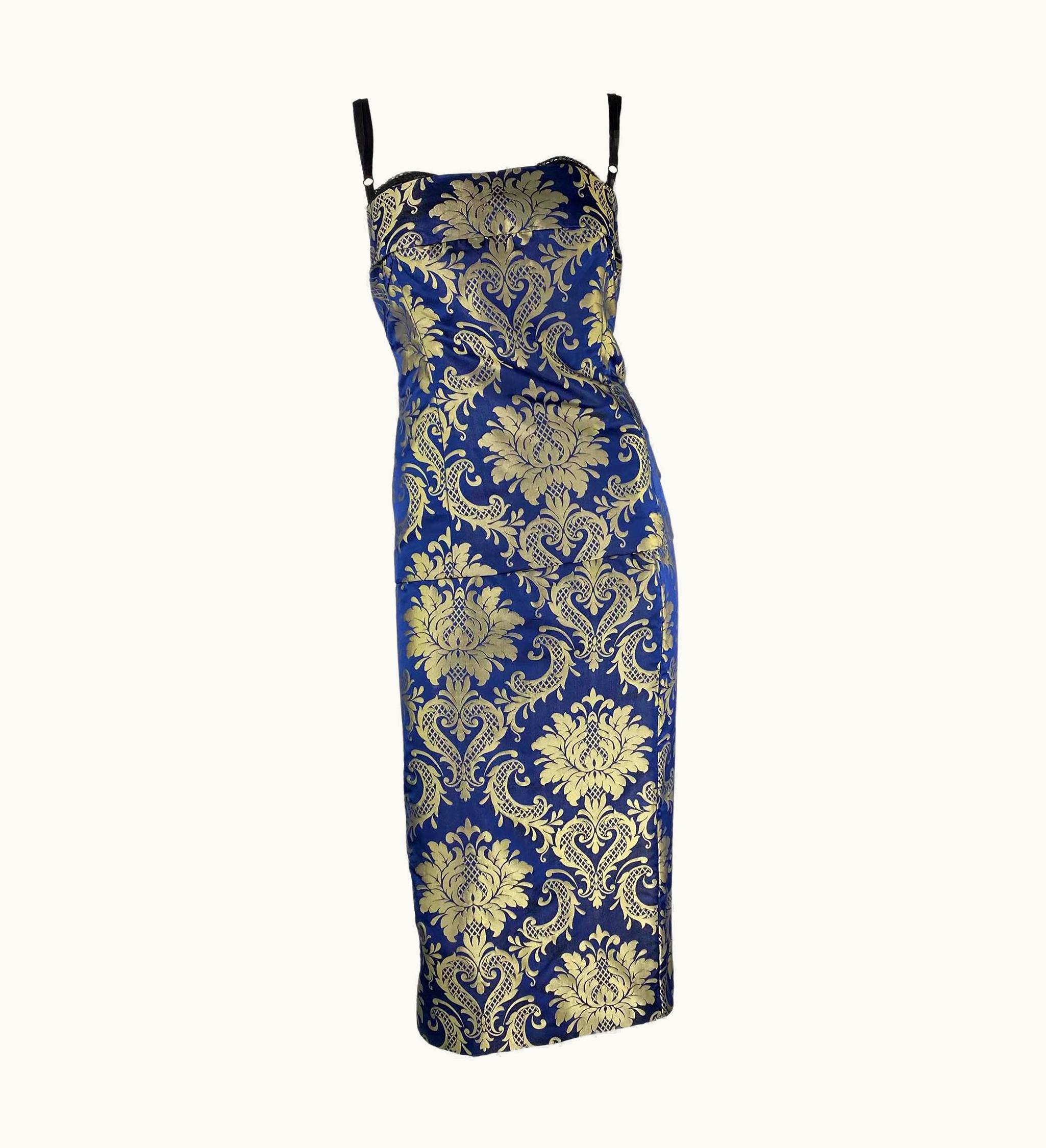 Dolce & Gabbana AW 1998 Dolce & Gabbana Navy Gold Brocade Two Piece Dress Skirt Corset Set