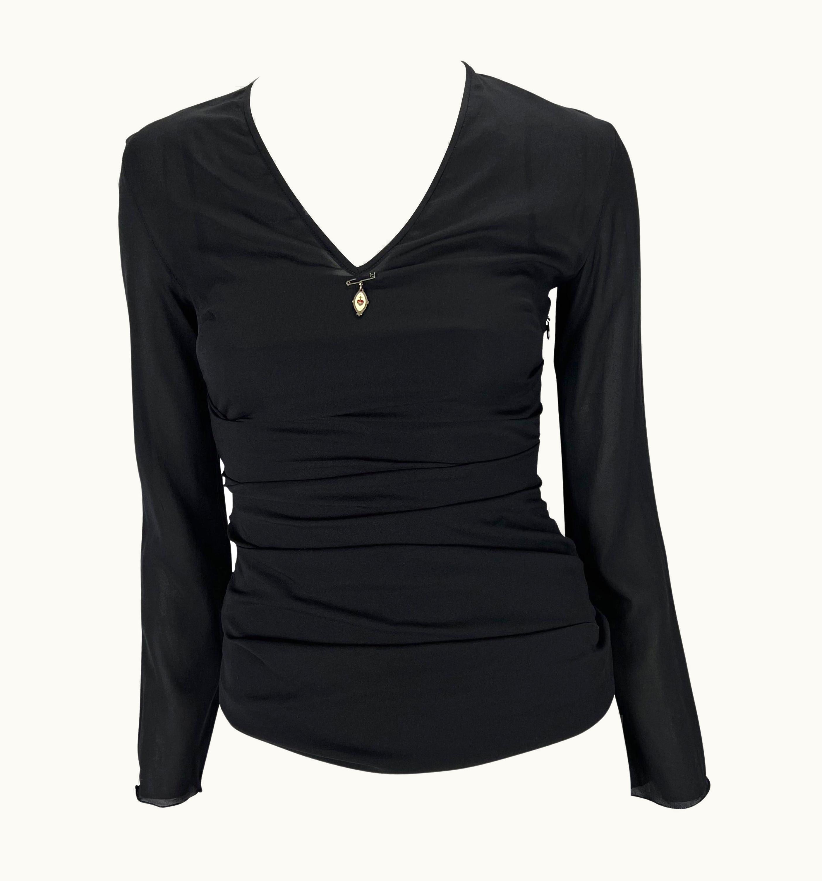 Dolce & Gabbana S/S 1998 Dolce & Gabbana Sheer Black Enamel Heart Safety-Pin Cami-Overlay Blouse