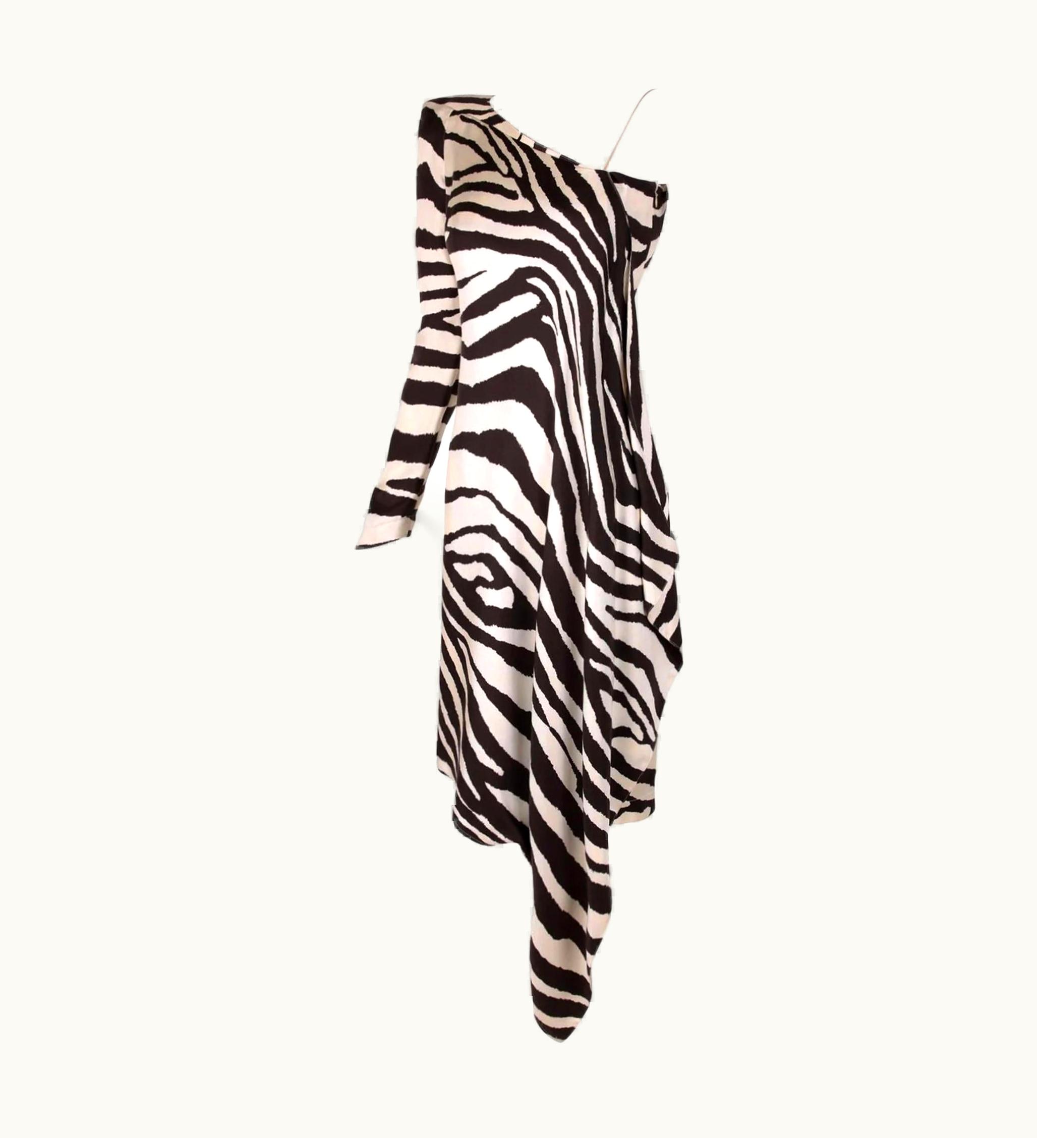 Mugler Stunning Thierry Mugler Silk Dress S/S Zebra Print Single Shoulder Stole