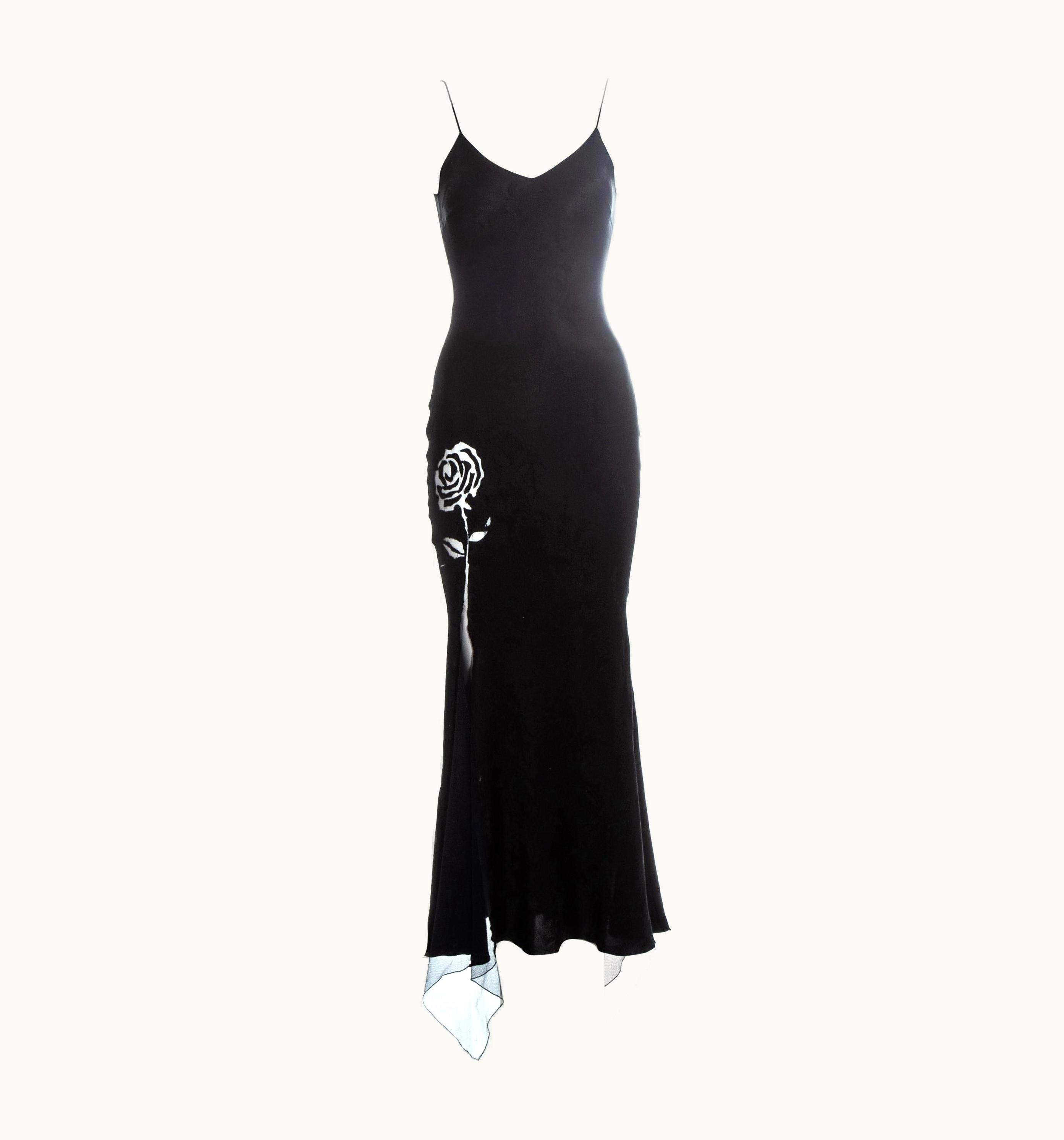 John Galliano John Galliano Black Silk Jacquard Evening Dress With Floral Mesh Insets, S/S 1998