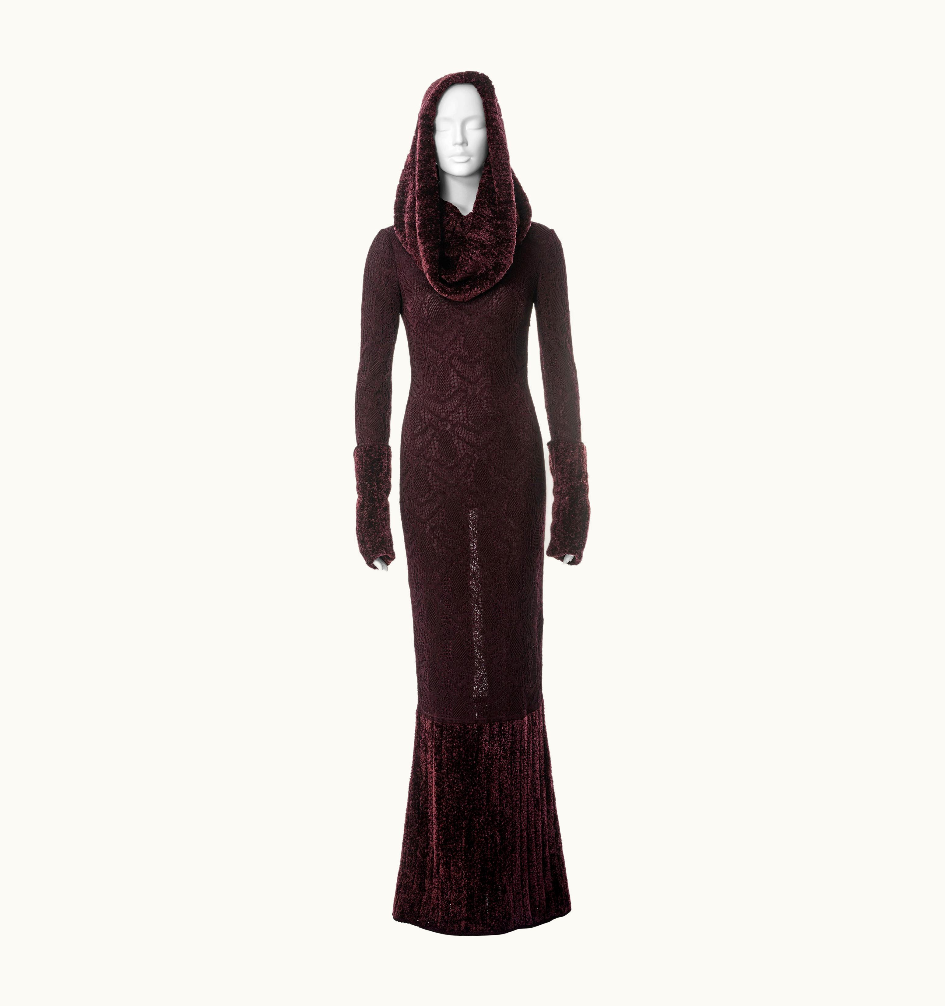 John Galliano John Galliano Burgundy Knitted Lace And Chenille Evening Dress, AW 1999