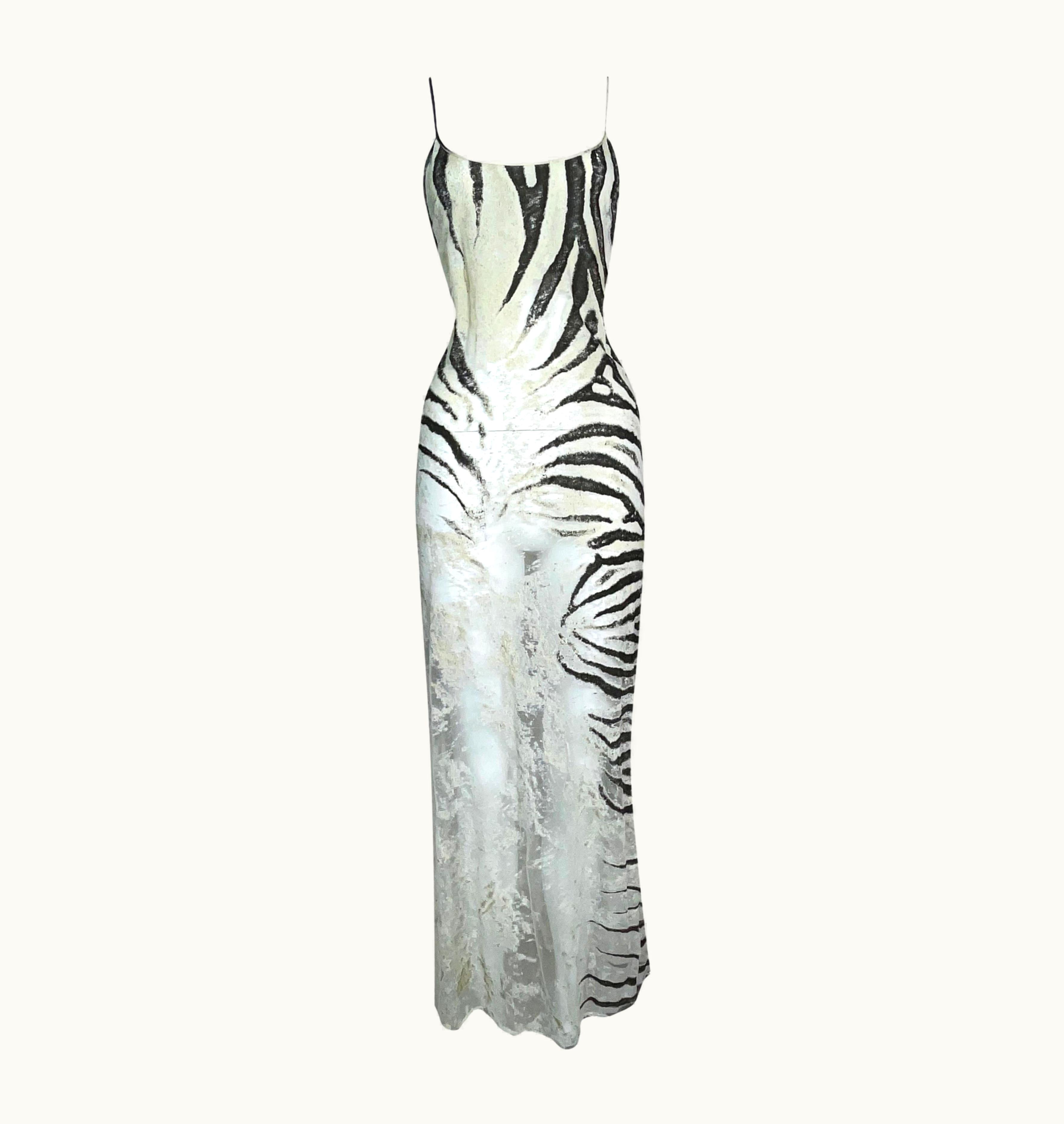Roberto Cavalli S/S 1999 Roberto Cavalli Runway Sheer White & Zebra Maxi Dress